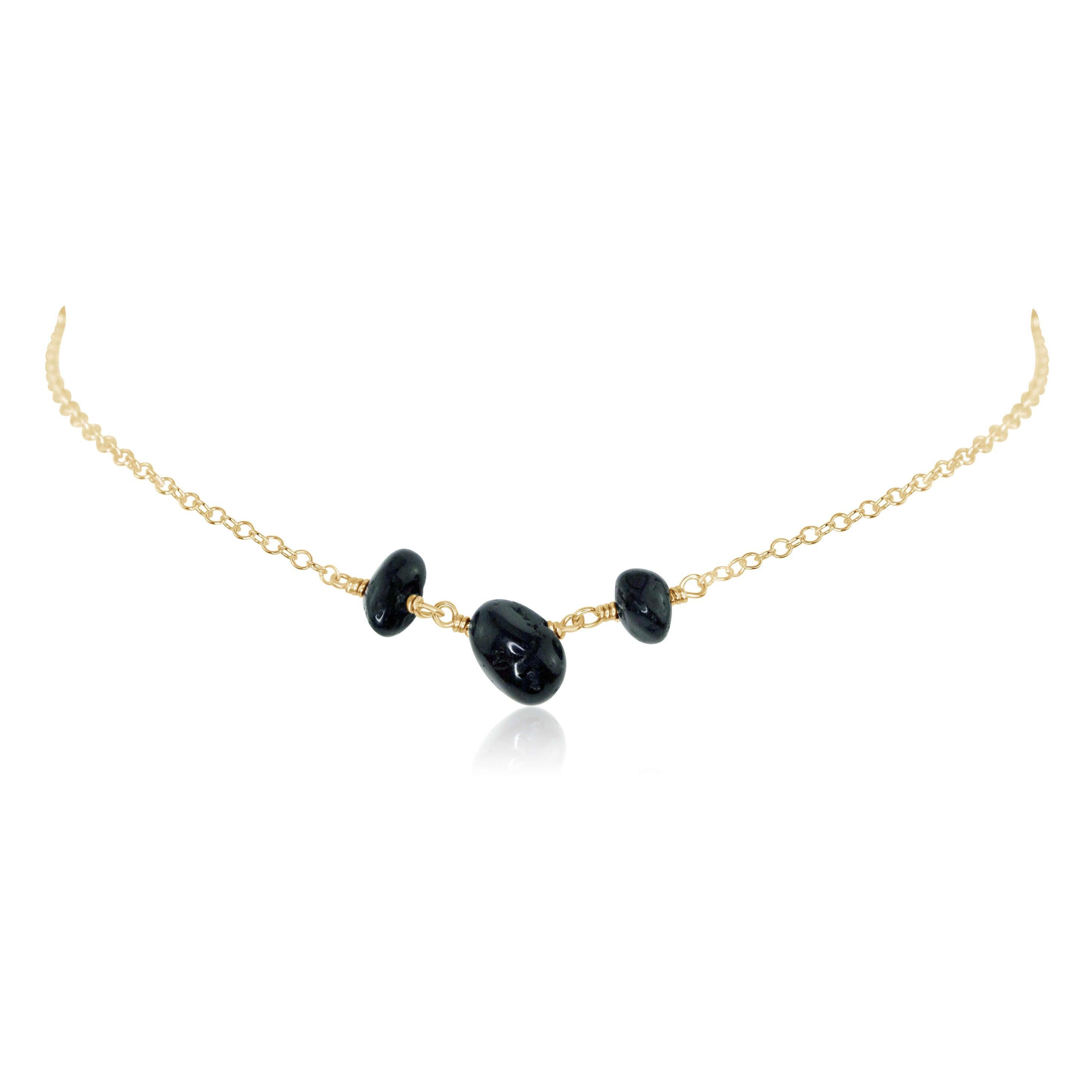 Black Tourmaline Beaded Chain Choker Necklace - Black Tourmaline Beaded Chain Choker Necklace - 14k Gold Fill - Luna Tide Handmade Crystal Jewellery