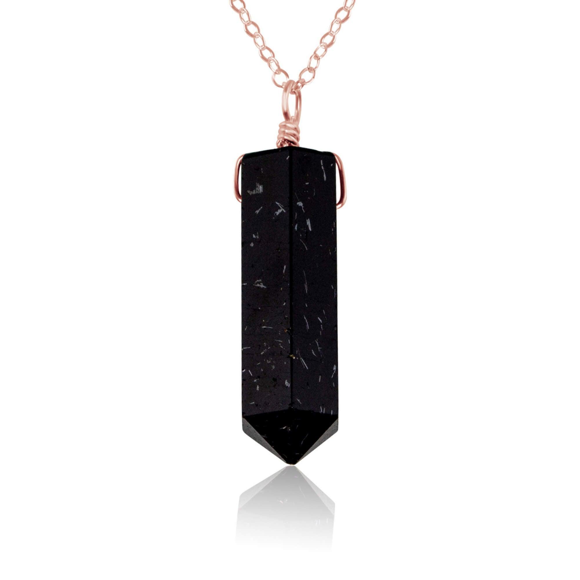 Black Tourmaline Crystal Generator Point Pendant Necklace - Black Tourmaline Crystal Generator Point Pendant Necklace - 14k Rose Gold Fill / Cable - Luna Tide Handmade Crystal Jewellery