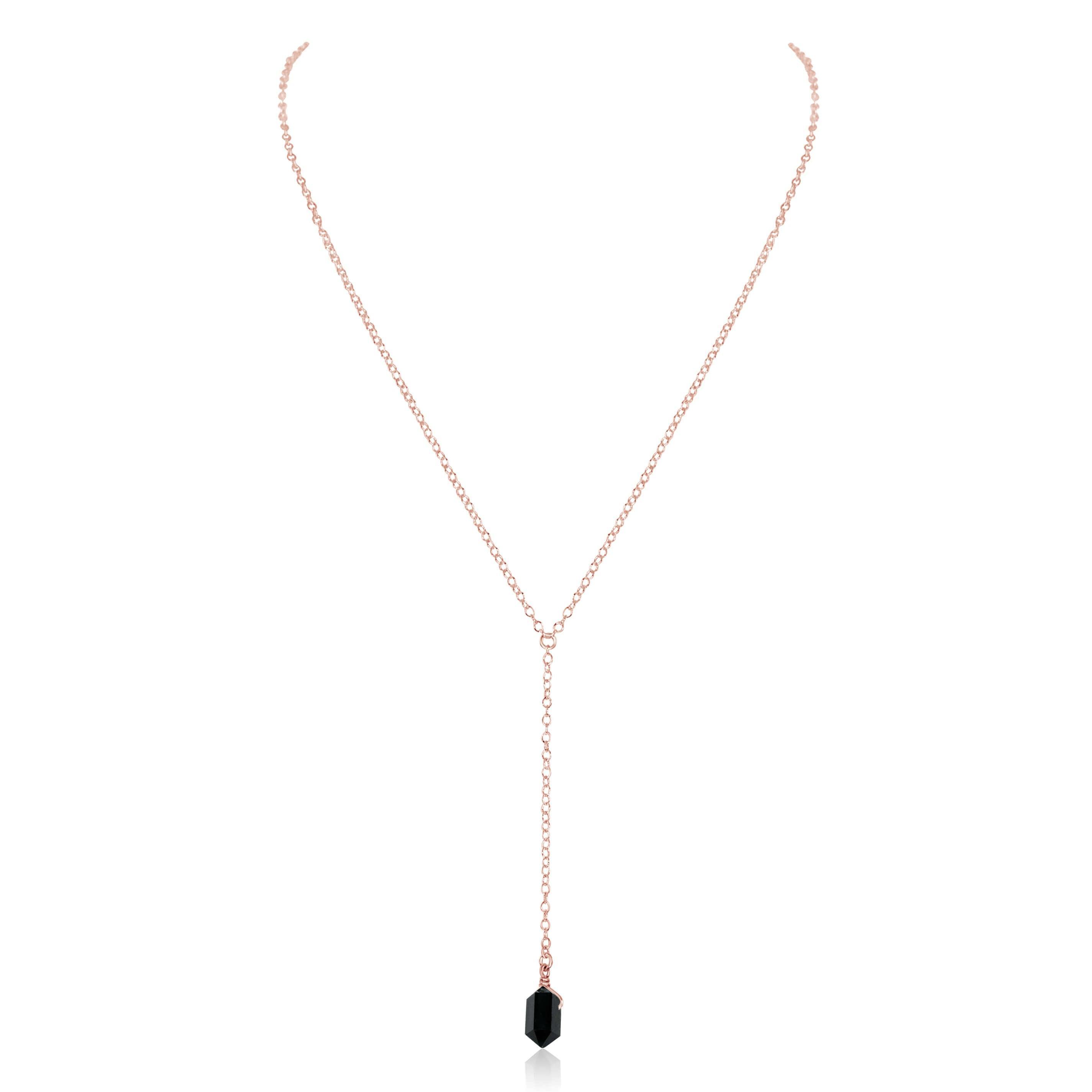 Black Tourmaline Double Terminated Mini Crystal Point Lariat Necklace - Black Tourmaline Double Terminated Mini Crystal Point Lariat Necklace - 14k Rose Gold Fill - Luna Tide Handmade Crystal Jewellery