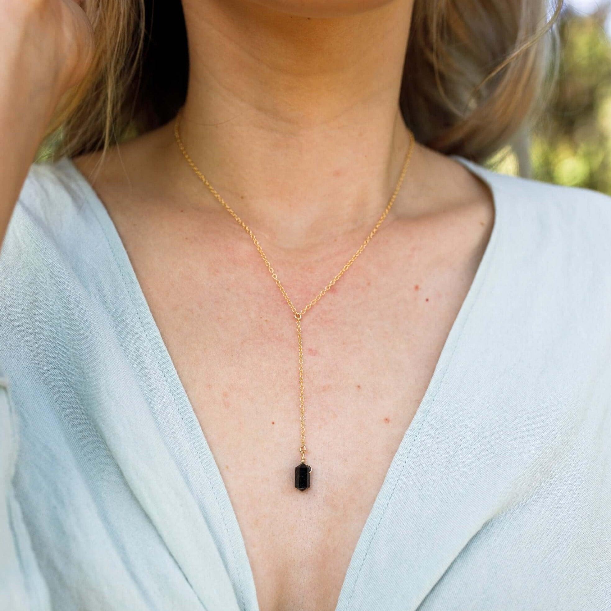 Black Tourmaline Double Terminated Mini Crystal Point Lariat Necklace - Black Tourmaline Double Terminated Mini Crystal Point Lariat Necklace - Sterling Silver - Luna Tide Handmade Crystal Jewellery