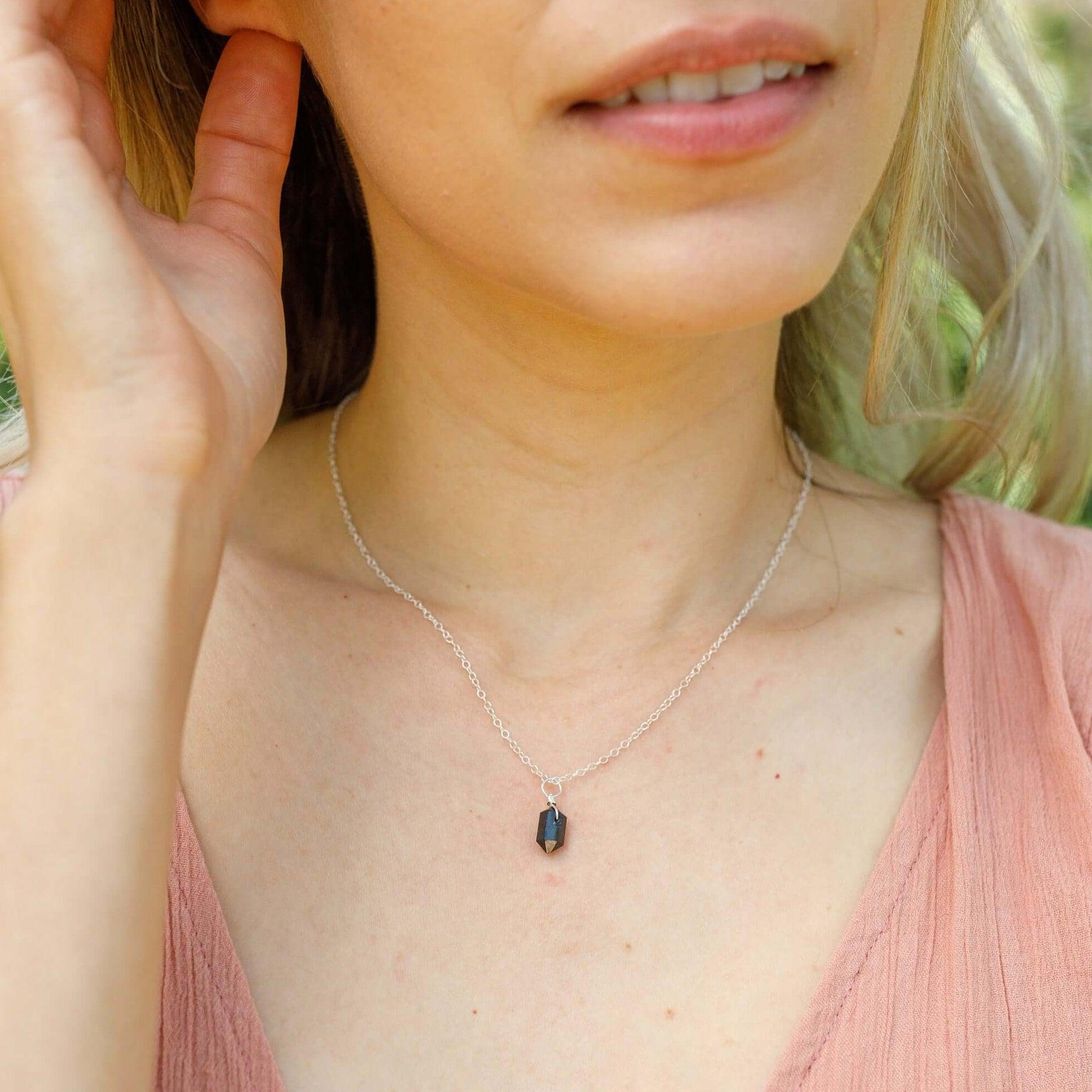 Black Tourmaline Mini Double Terminated Crystal Point Pendant Necklace - Black Tourmaline Mini Double Terminated Crystal Point Pendant Necklace - Sterling Silver / Cable - Luna Tide Handmade Crystal Jewellery