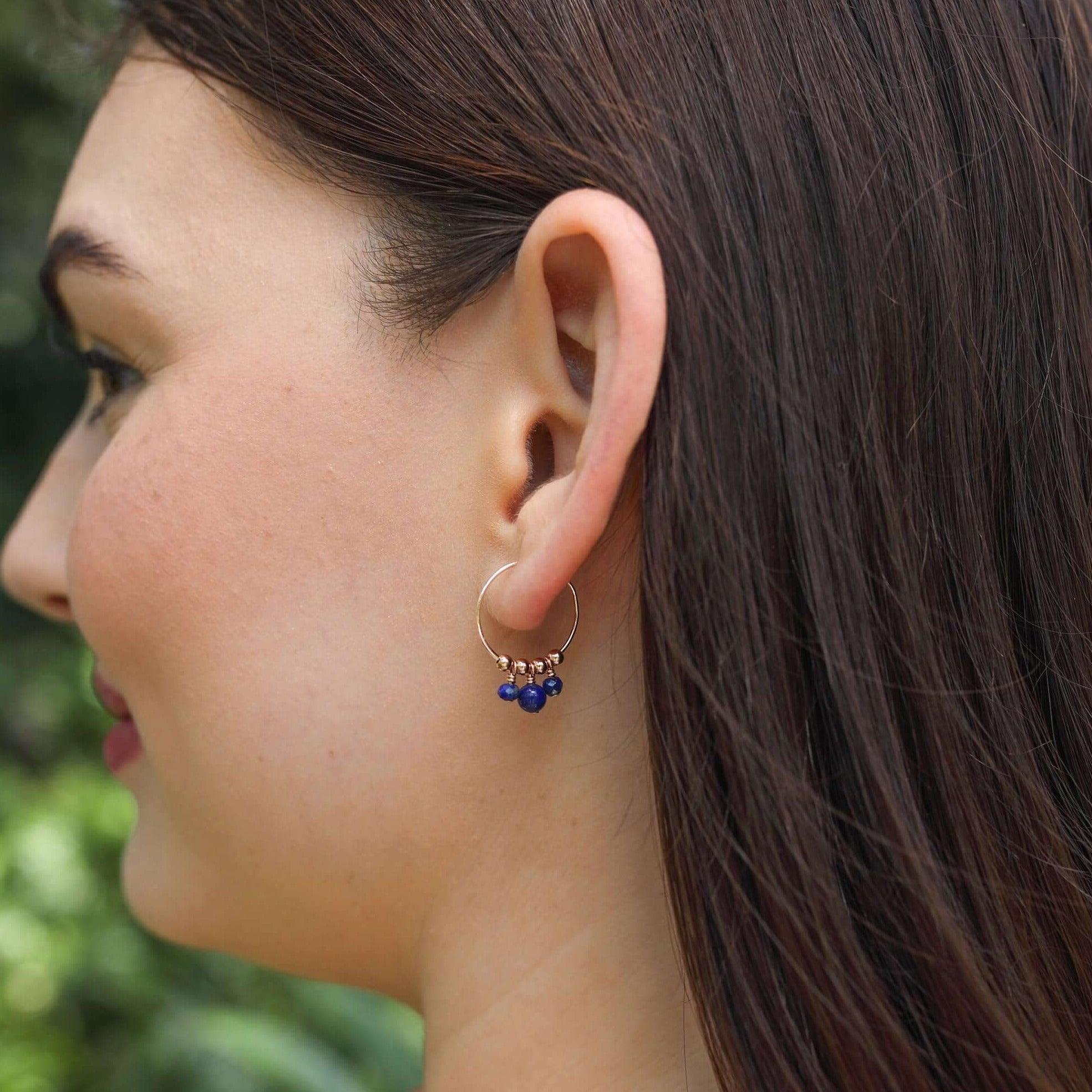 Blue Lapis Lazuli Gemstone Bead Drop Hoop Earrings - Blue Lapis Lazuli Gemstone Bead Drop Hoop Earrings - Sterling Silver - Luna Tide Handmade Crystal Jewellery