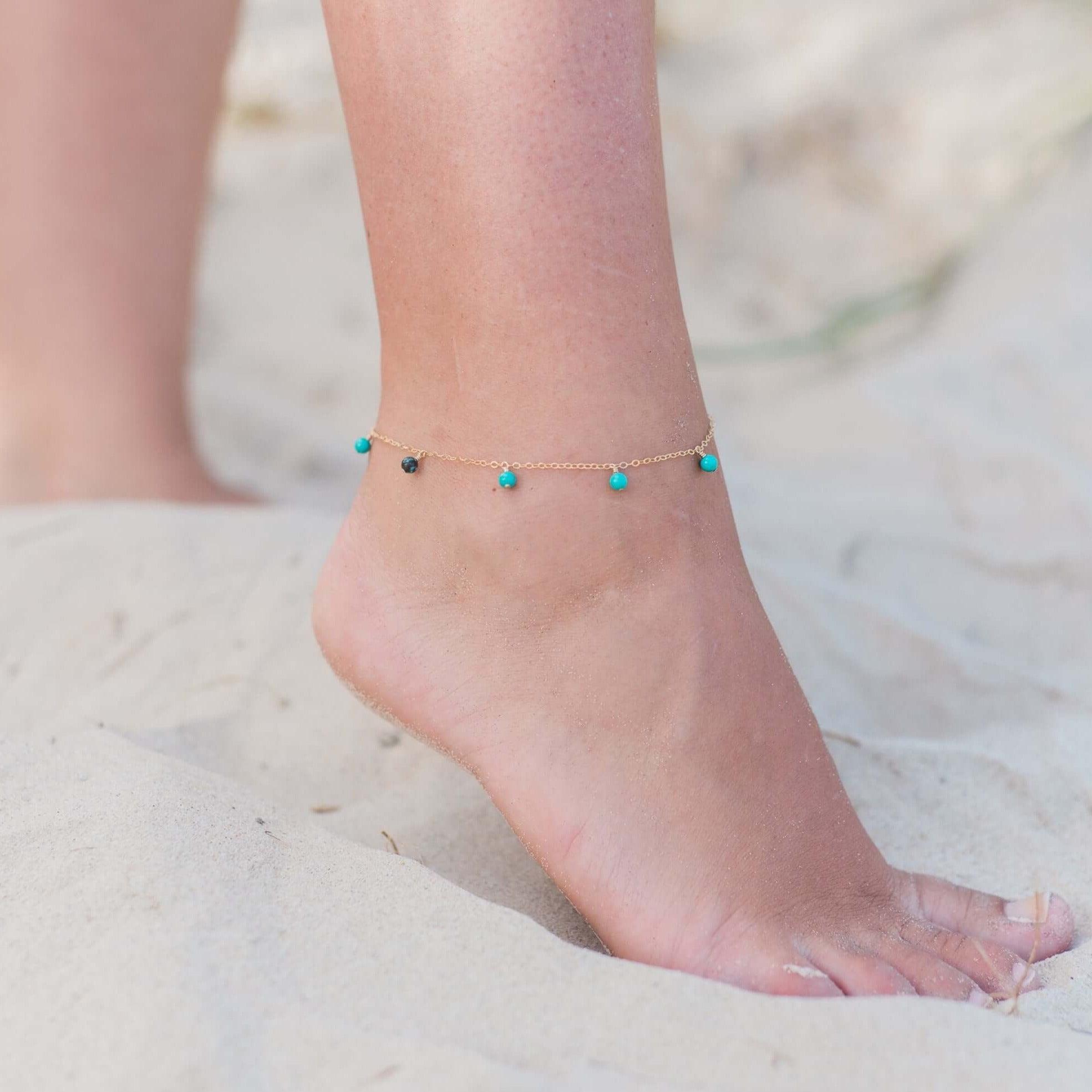Boho Turquoise Bead Drop Anklet - Boho Turquoise Bead Drop Anklet - Sterling Silver - Luna Tide Handmade Crystal Jewellery