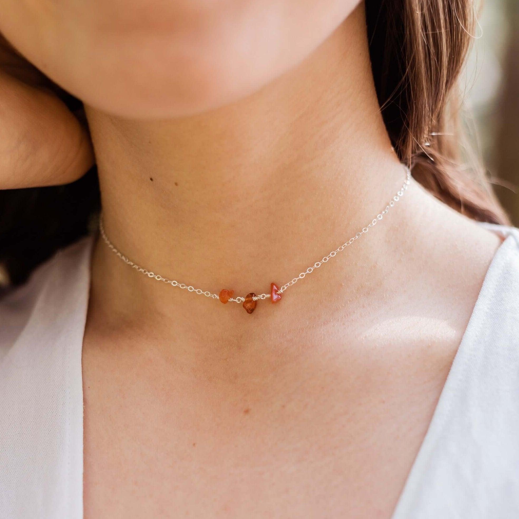 Carnelian Beaded Chain Choker Necklace - Carnelian Beaded Chain Choker Necklace - Sterling Silver - Luna Tide Handmade Crystal Jewellery