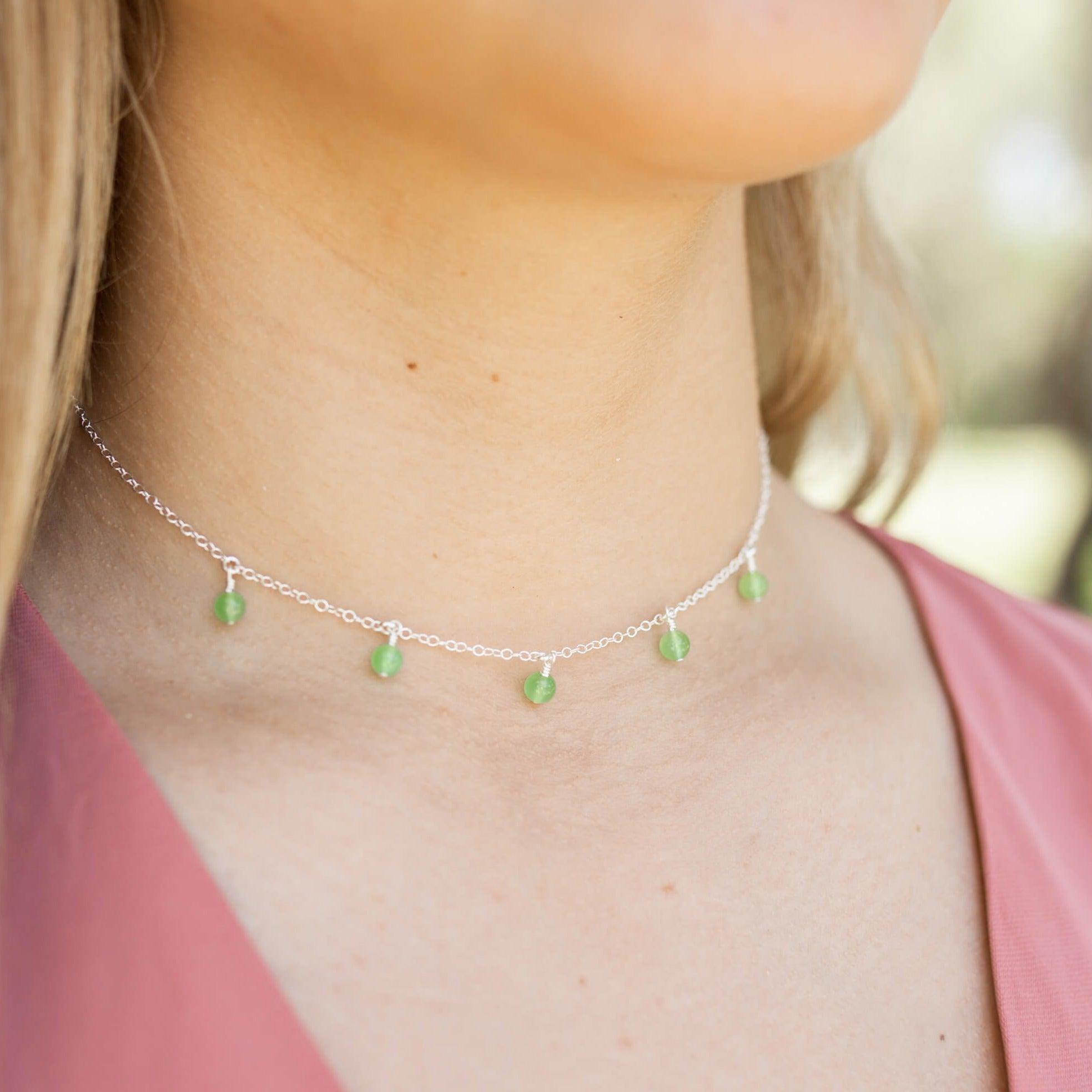 Chrysoprase Bead Drop Choker - Chrysoprase Bead Drop Choker - Sterling Silver - Luna Tide Handmade Crystal Jewellery