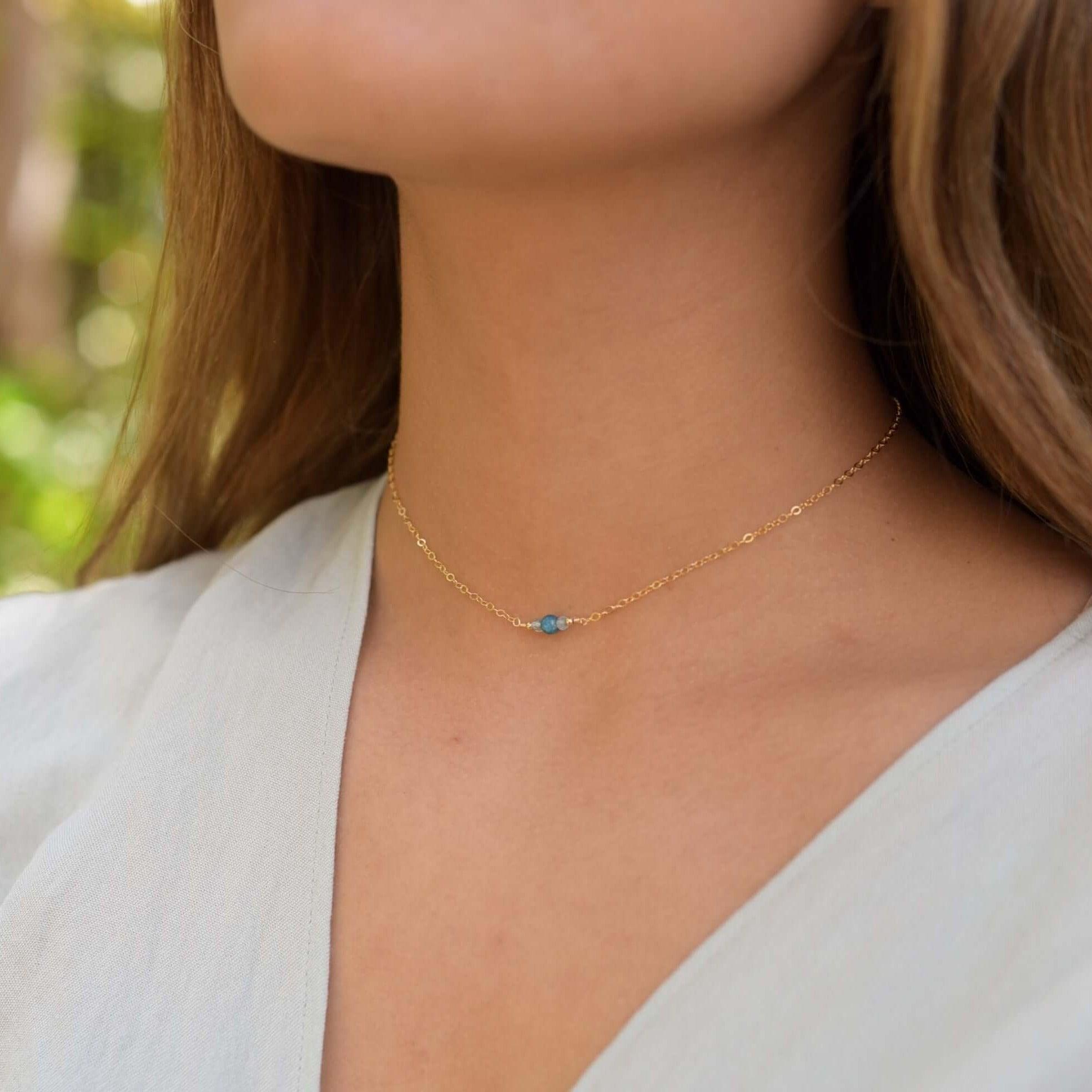 Dainty Apatite Gemstone Choker Necklace - Dainty Apatite Gemstone Choker Necklace - Sterling Silver - Luna Tide Handmade Crystal Jewellery