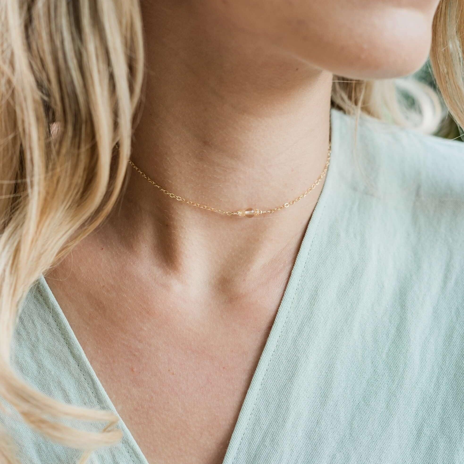 Dainty Citrine Gemstone Choker Necklace - Dainty Citrine Gemstone Choker Necklace - 14k Gold Fill - Luna Tide Handmade Crystal Jewellery