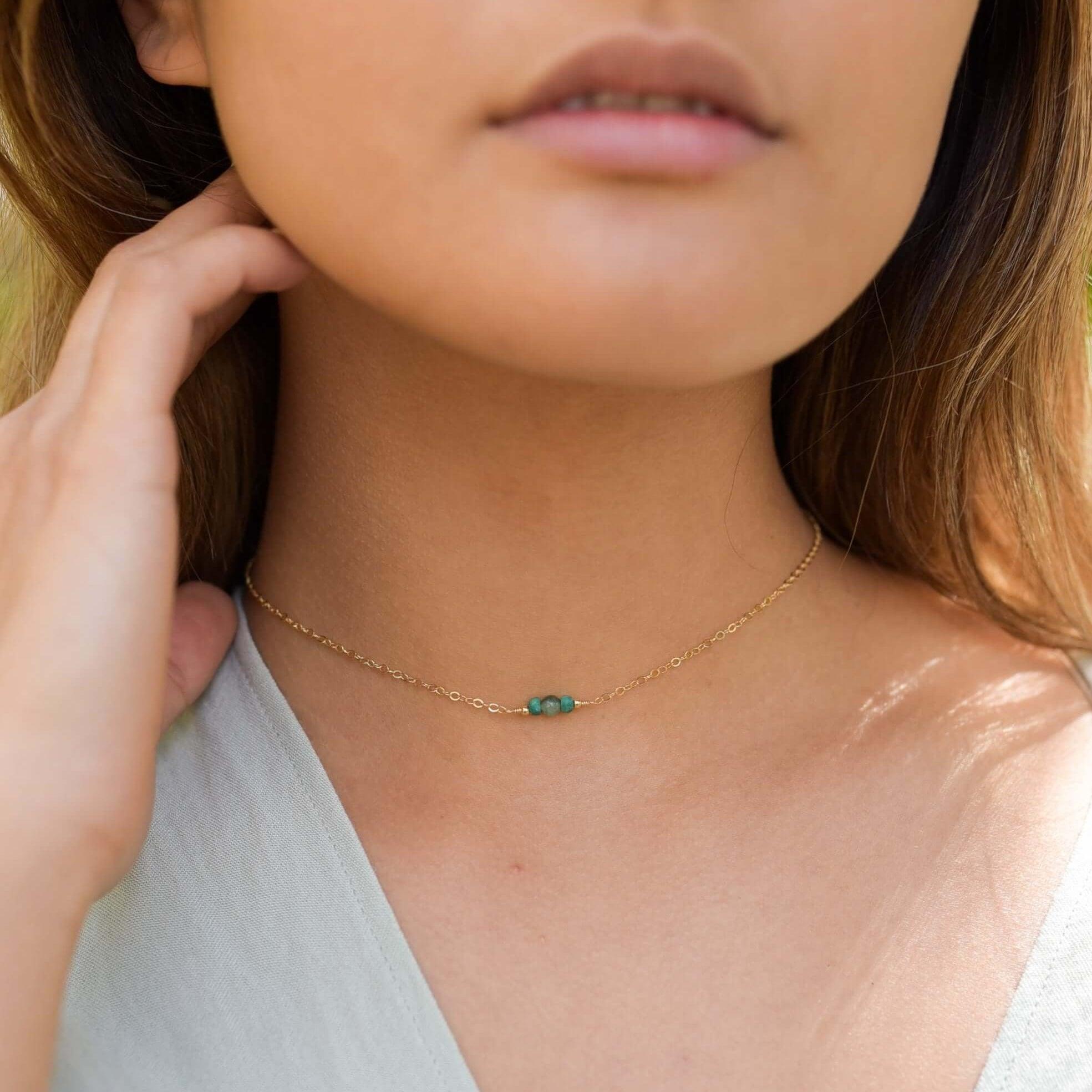 Dainty Emerald Gemstone Choker Necklace - Dainty Emerald Gemstone Choker Necklace - 14k Gold Fill - Luna Tide Handmade Crystal Jewellery