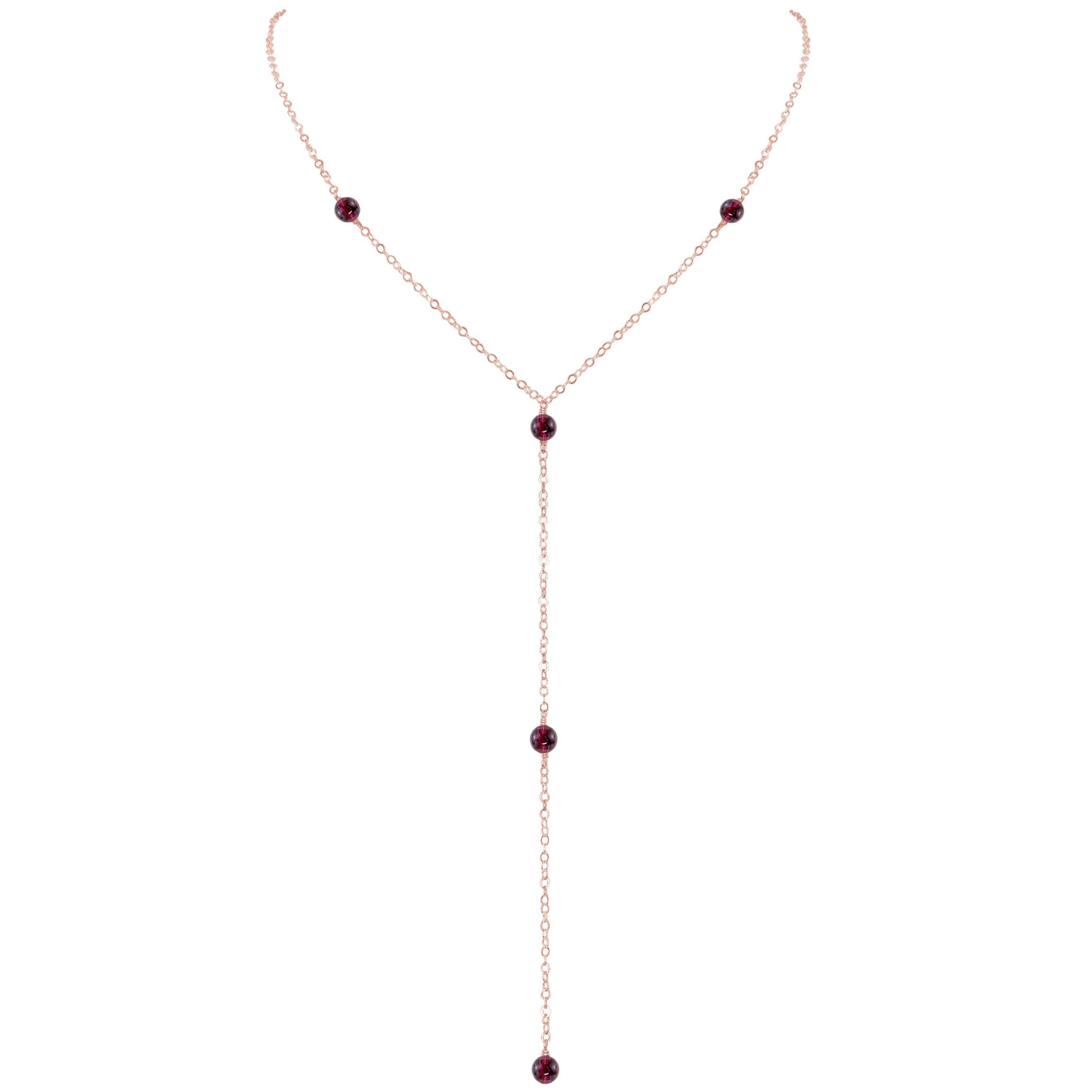 Dainty Garnet Lariat Necklace - Dainty Garnet Lariat Necklace - 14k Rose Gold Fill - Luna Tide Handmade Crystal Jewellery