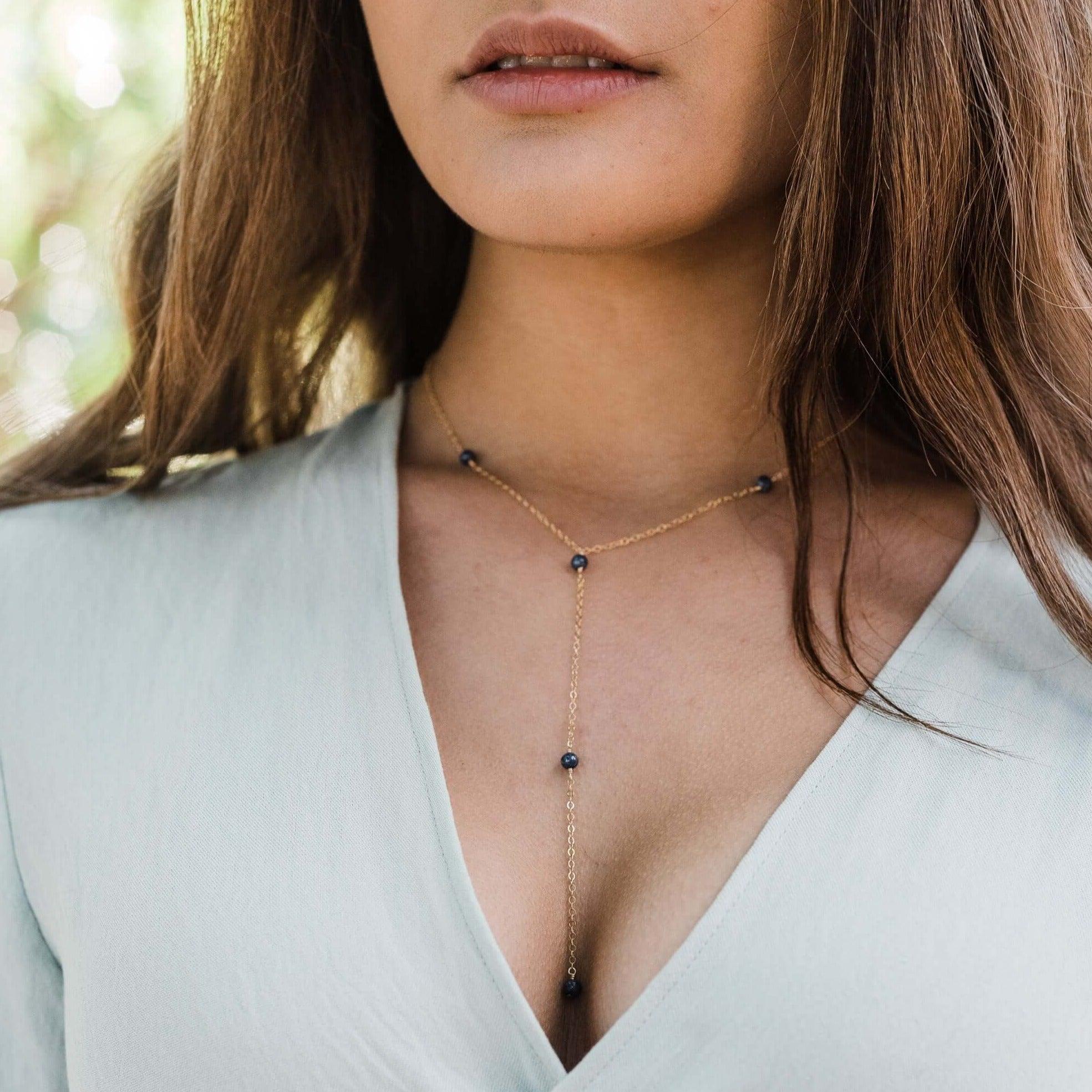 Dainty Sapphire Lariat Necklace - Dainty Sapphire Lariat Necklace - Sterling Silver - Luna Tide Handmade Crystal Jewellery