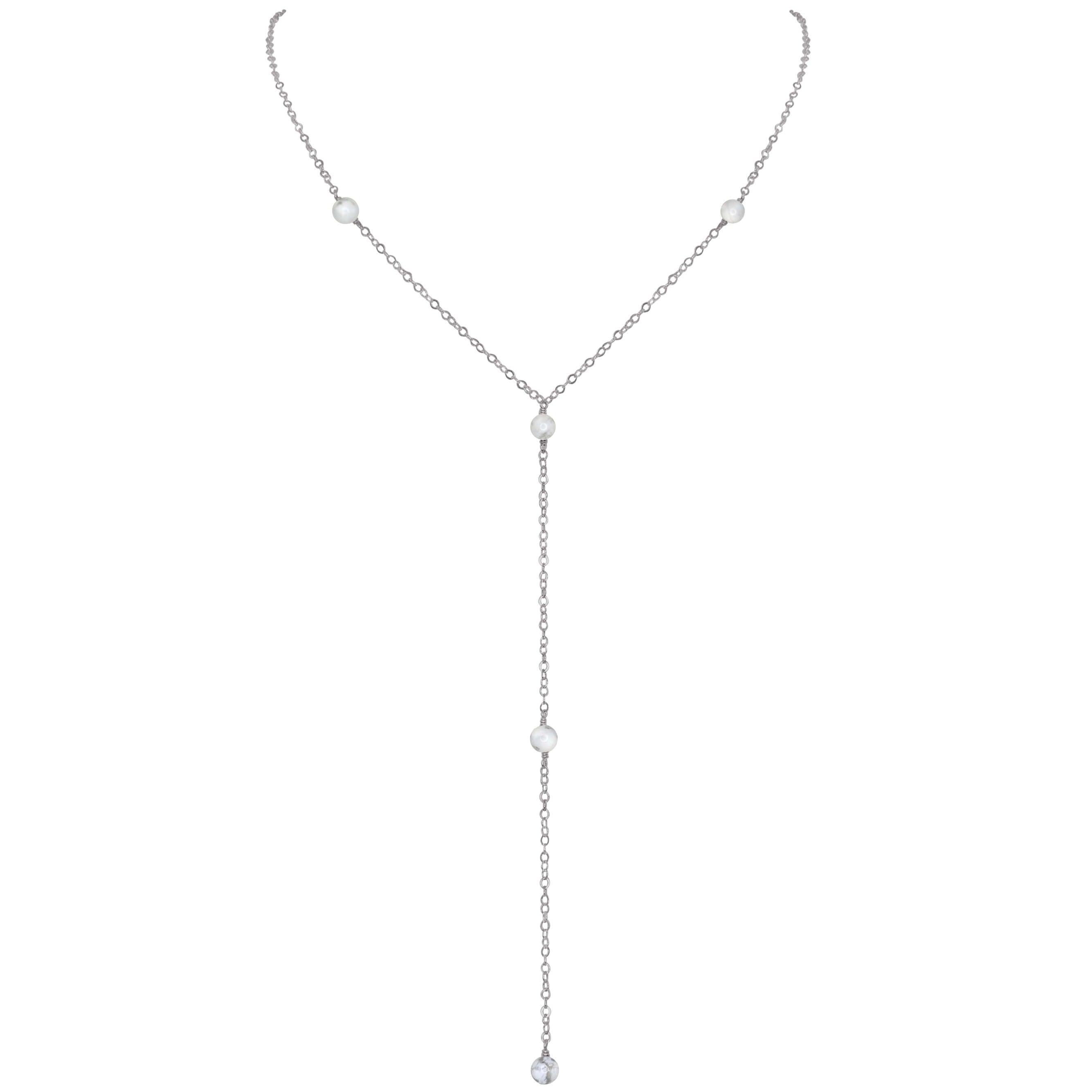 Dainty White Howlite Lariat Necklace - Dainty White Howlite Lariat Necklace - Stainless Steel - Luna Tide Handmade Crystal Jewellery