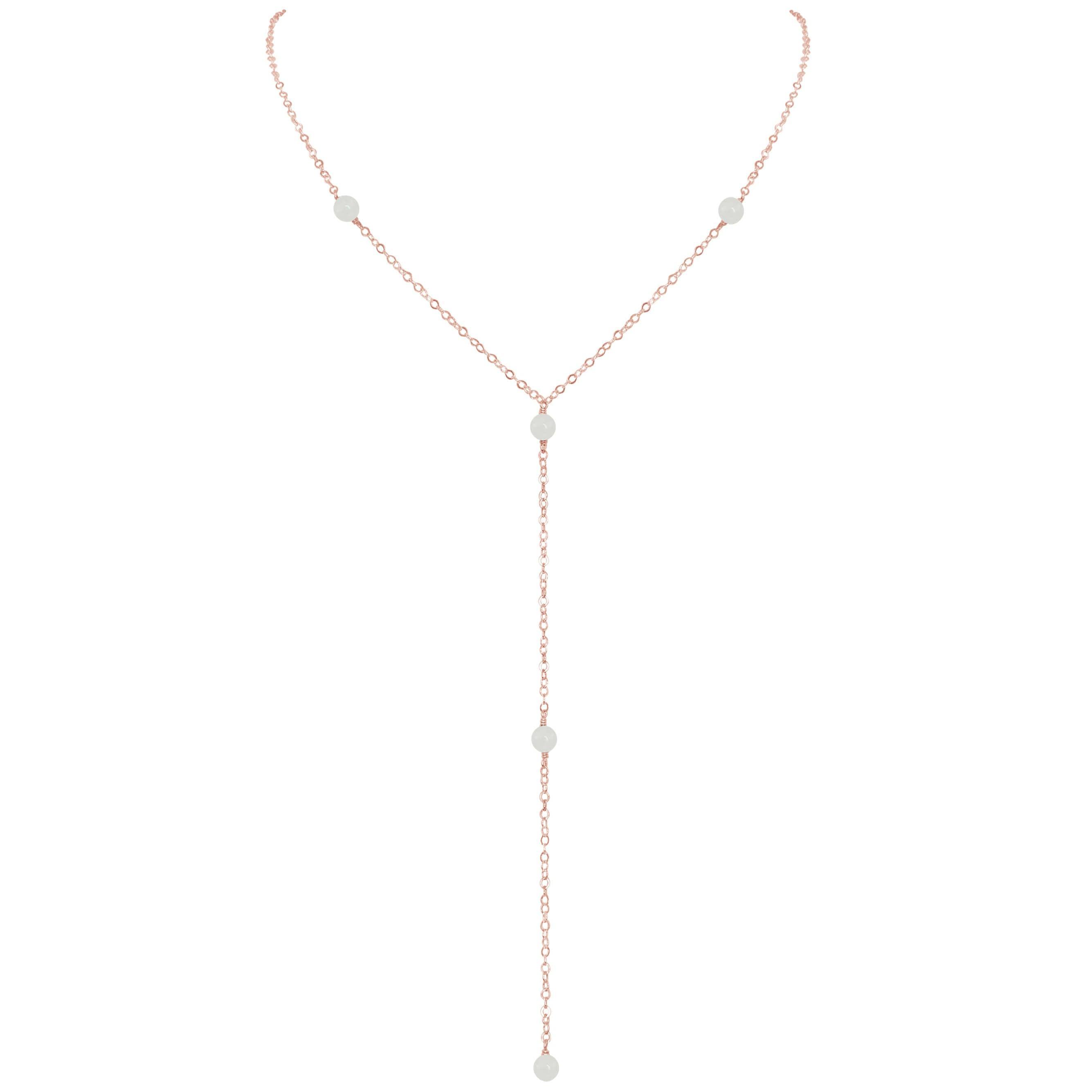 Dainty White Moonstone Gemstone Lariat Necklace - Dainty White Moonstone Gemstone Lariat Necklace - 14k Rose Gold Fill - Luna Tide Handmade Crystal Jewellery