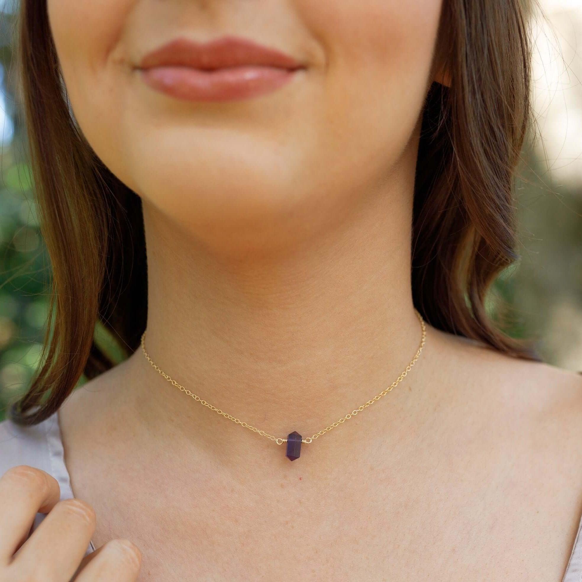 Double Terminated Amethyst Mini Crystal Point Choker Necklace - Double Terminated Amethyst Mini Crystal Point Choker Necklace - Sterling Silver - Luna Tide Handmade Crystal Jewellery