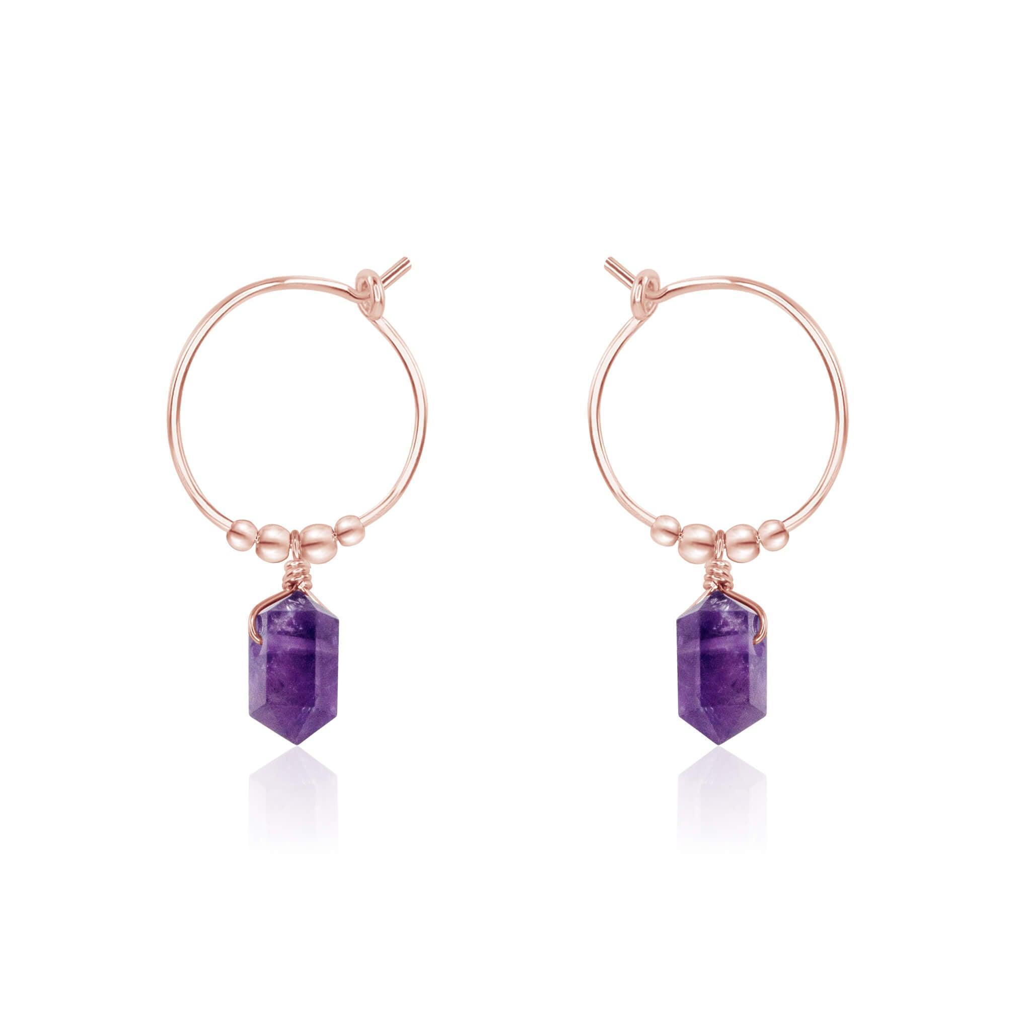 Double Terminated Amethyst Mini Crystal Point Dangle Hoop Earrings - Double Terminated Amethyst Mini Crystal Point Dangle Hoop Earrings - 14k Rose Gold Fill - Luna Tide Handmade Crystal Jewellery