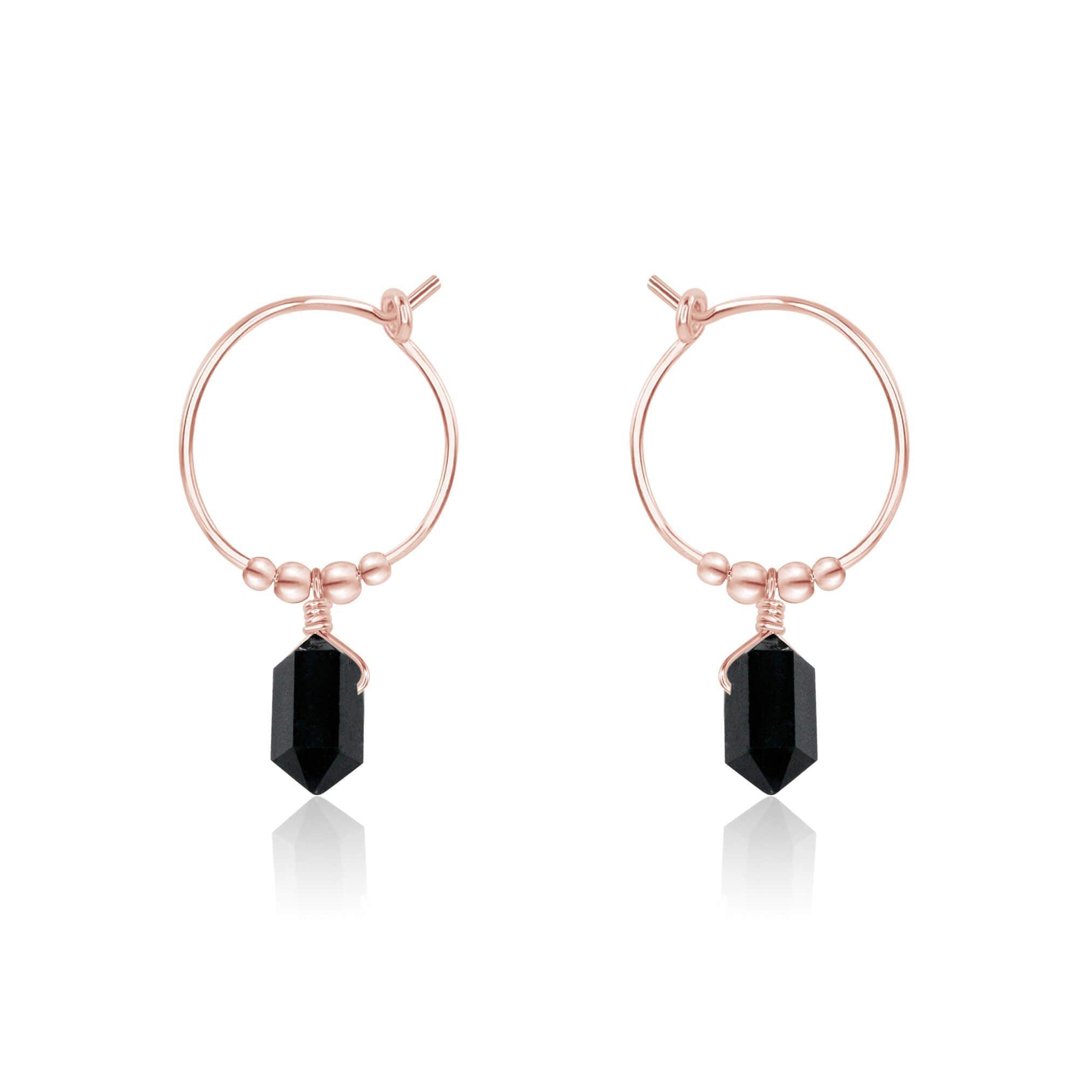 Double Terminated Black Tourmaline Mini Crystal Point Dangle Hoop Earrings - Double Terminated Black Tourmaline Mini Crystal Point Dangle Hoop Earrings - 14k Rose Gold Fill - Luna Tide Handmade Crystal Jewellery
