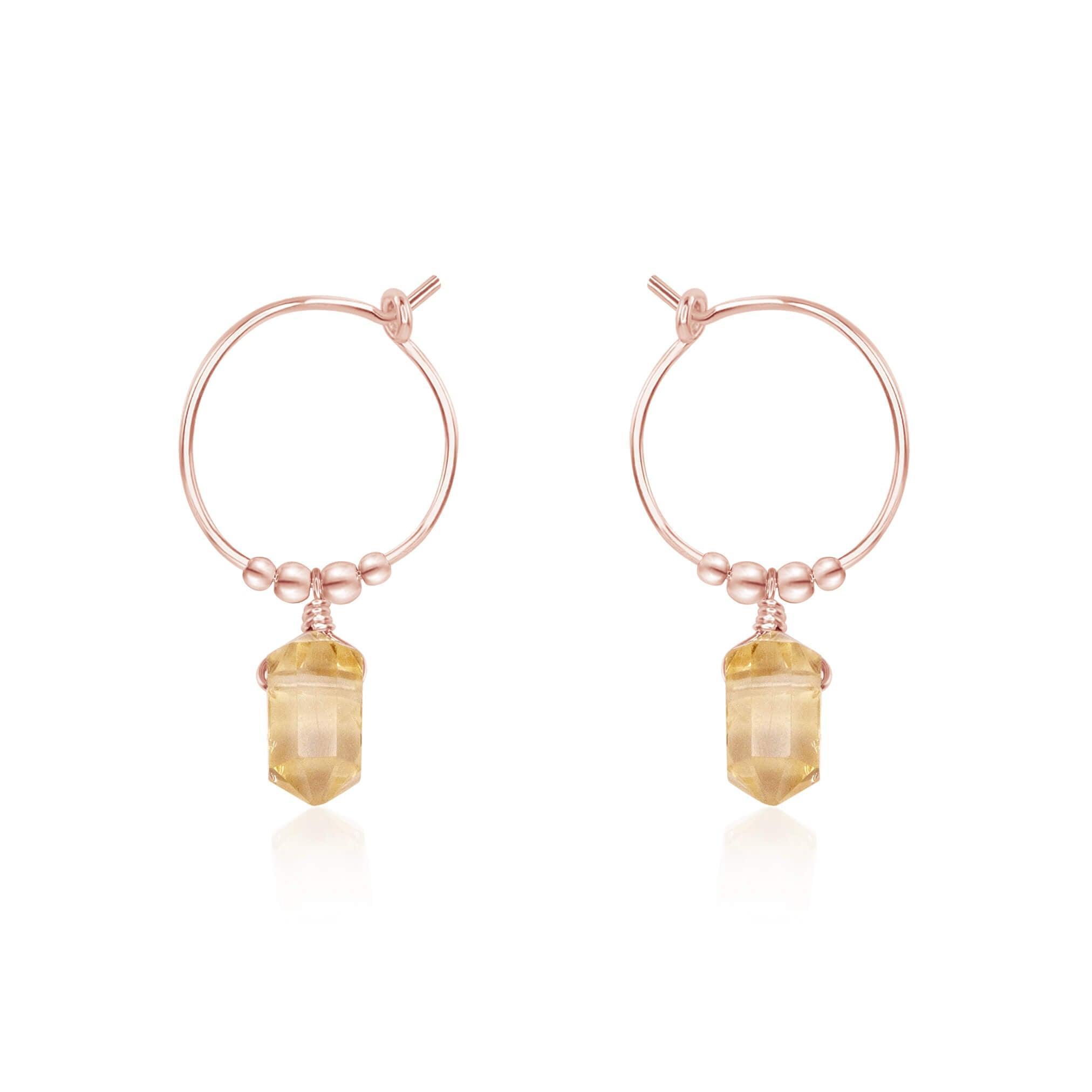 Double Terminated Citrine Mini Crystal Point Dangle Hoop Earrings - Double Terminated Citrine Mini Crystal Point Dangle Hoop Earrings - 14k Rose Gold Fill - Luna Tide Handmade Crystal Jewellery