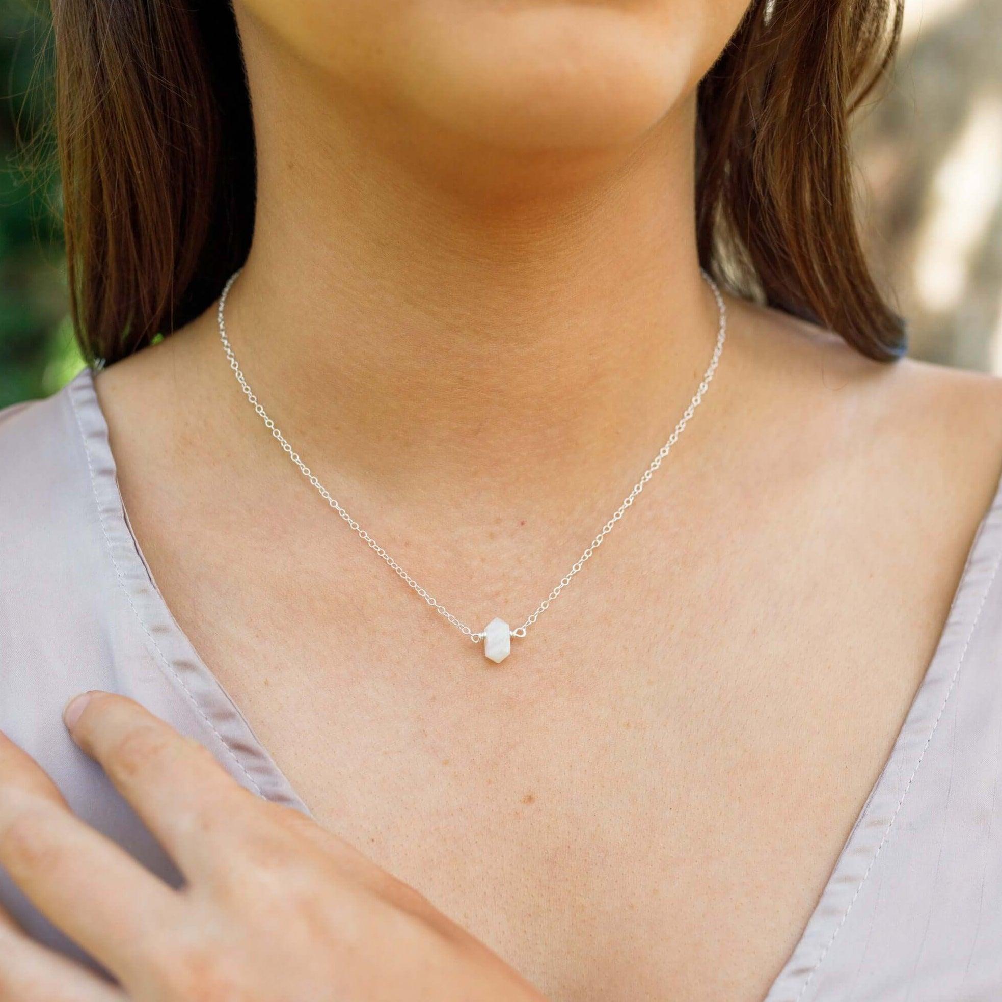 Double Terminated Rainbow Moonstone Mini Crystal Point Necklace - Double Terminated Rainbow Moonstone Mini Crystal Point Necklace - Sterling Silver - Luna Tide Handmade Crystal Jewellery