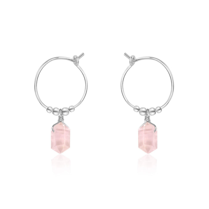 Double Terminated Rose Quartz Mini Crystal Point Dangle Hoop Earrings - Double Terminated Rose Quartz Mini Crystal Point Dangle Hoop Earrings - Sterling Silver - Luna Tide Handmade Crystal Jewellery