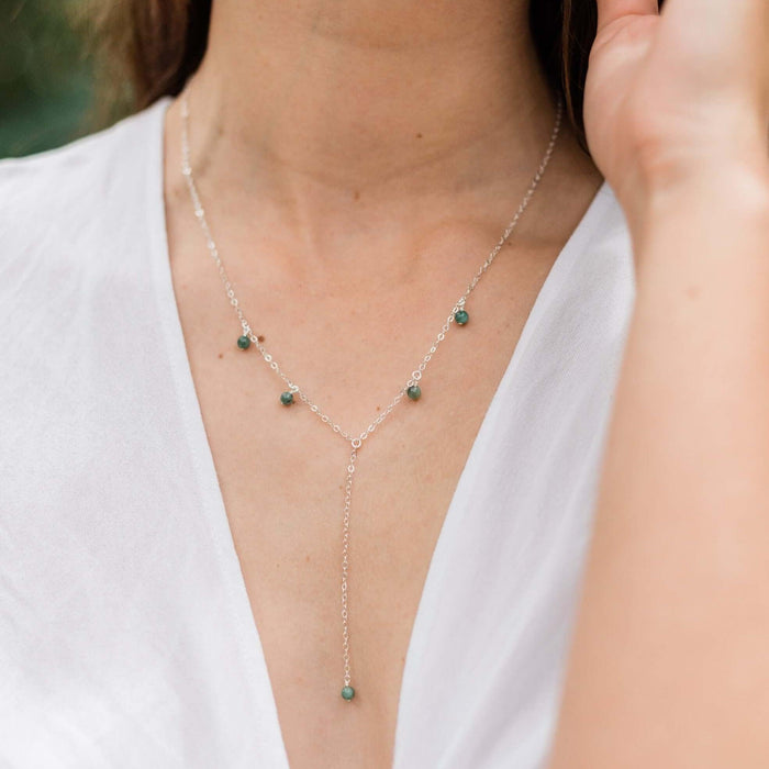 Emerald Boho Lariat Necklace - Emerald Boho Lariat Necklace - Sterling Silver - Luna Tide Handmade Crystal Jewellery