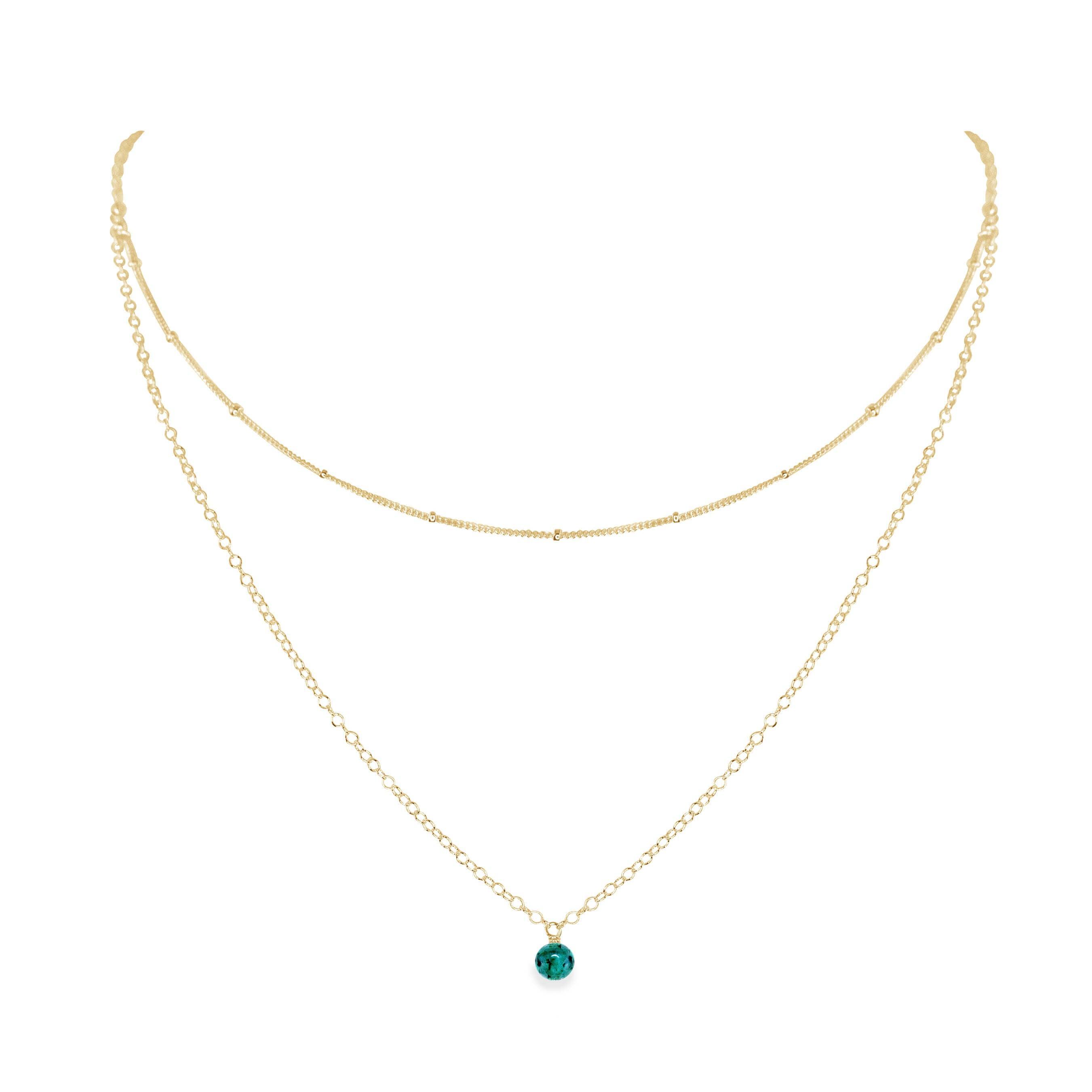 Emerald Gemstone Chain Layered Choker Necklace - Emerald Gemstone Chain Layered Choker Necklace - 14k Gold Fill - Luna Tide Handmade Crystal Jewellery
