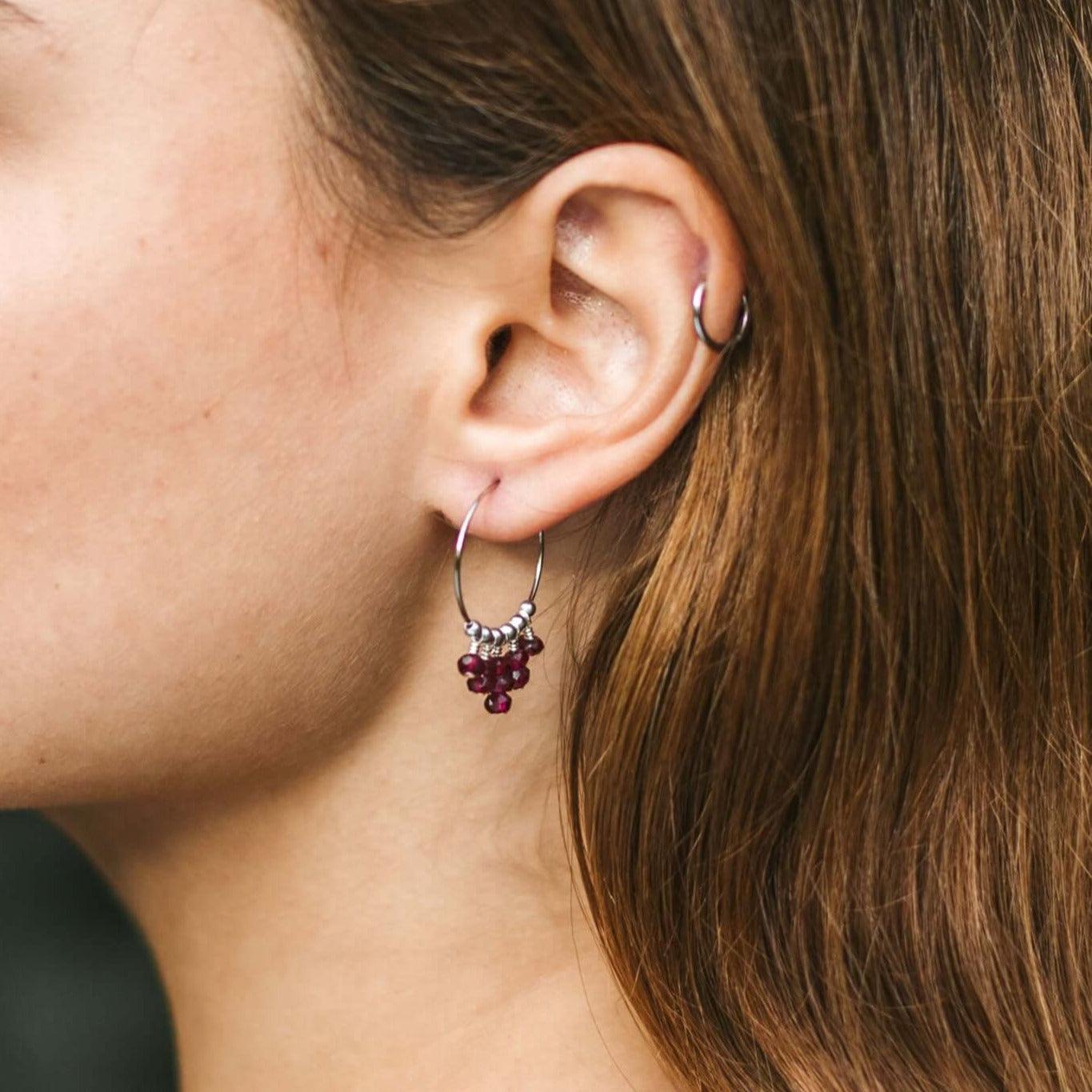 Garnet Statement Hoop Earrings - Garnet Statement Hoop Earrings - Sterling Silver - Luna Tide Handmade Crystal Jewellery