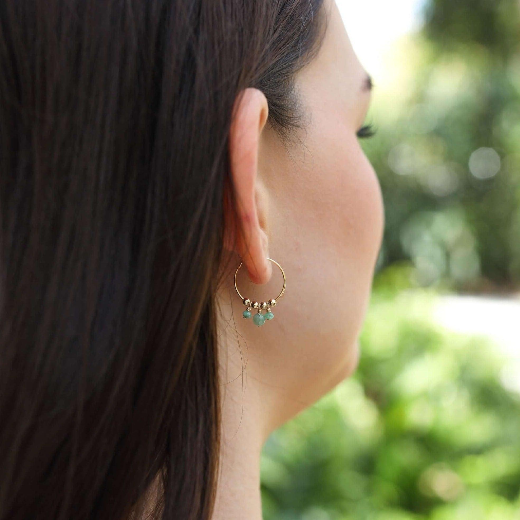 Green Emerald Gemstone Bead Drop Hoop Earrings - Green Emerald Gemstone Bead Drop Hoop Earrings - 14k Gold Fill - Luna Tide Handmade Crystal Jewellery