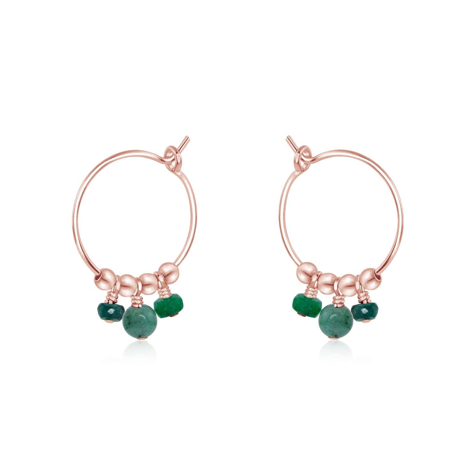 Green Emerald Gemstone Bead Drop Hoop Earrings - Green Emerald Gemstone Bead Drop Hoop Earrings - 14k Rose Gold Fill - Luna Tide Handmade Crystal Jewellery