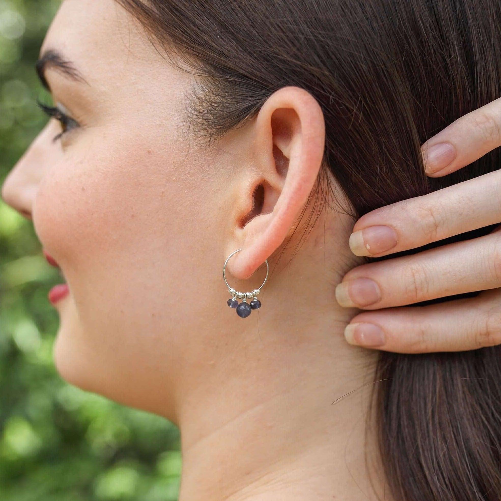 Grey Iolite Gemstone Bead Drop Hoop Earrings - Grey Iolite Gemstone Bead Drop Hoop Earrings - Sterling Silver - Luna Tide Handmade Crystal Jewellery