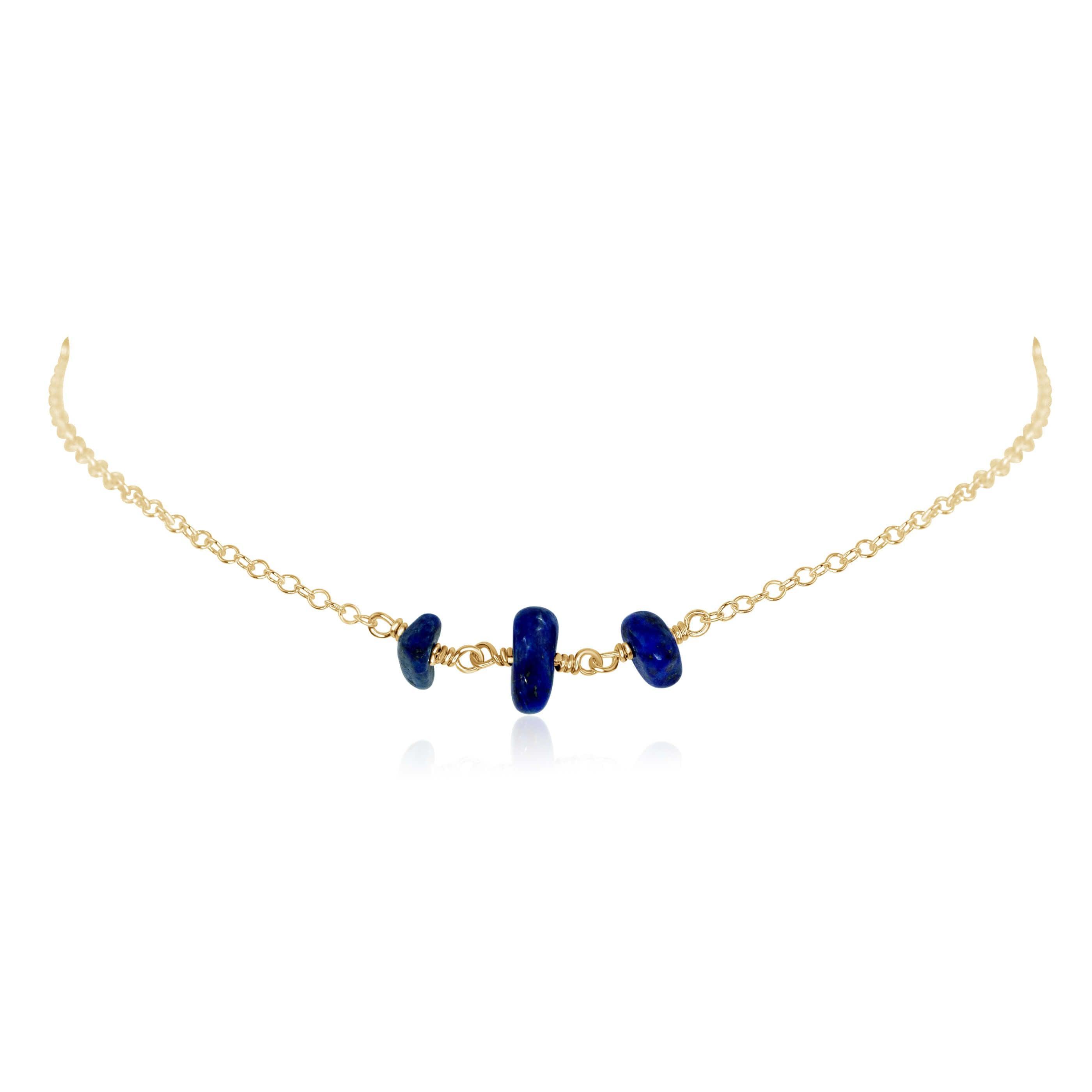Lapis Lazuli Beaded Chain Choker Necklace - Lapis Lazuli Beaded Chain Choker Necklace - 14k Gold Fill - Luna Tide Handmade Crystal Jewellery