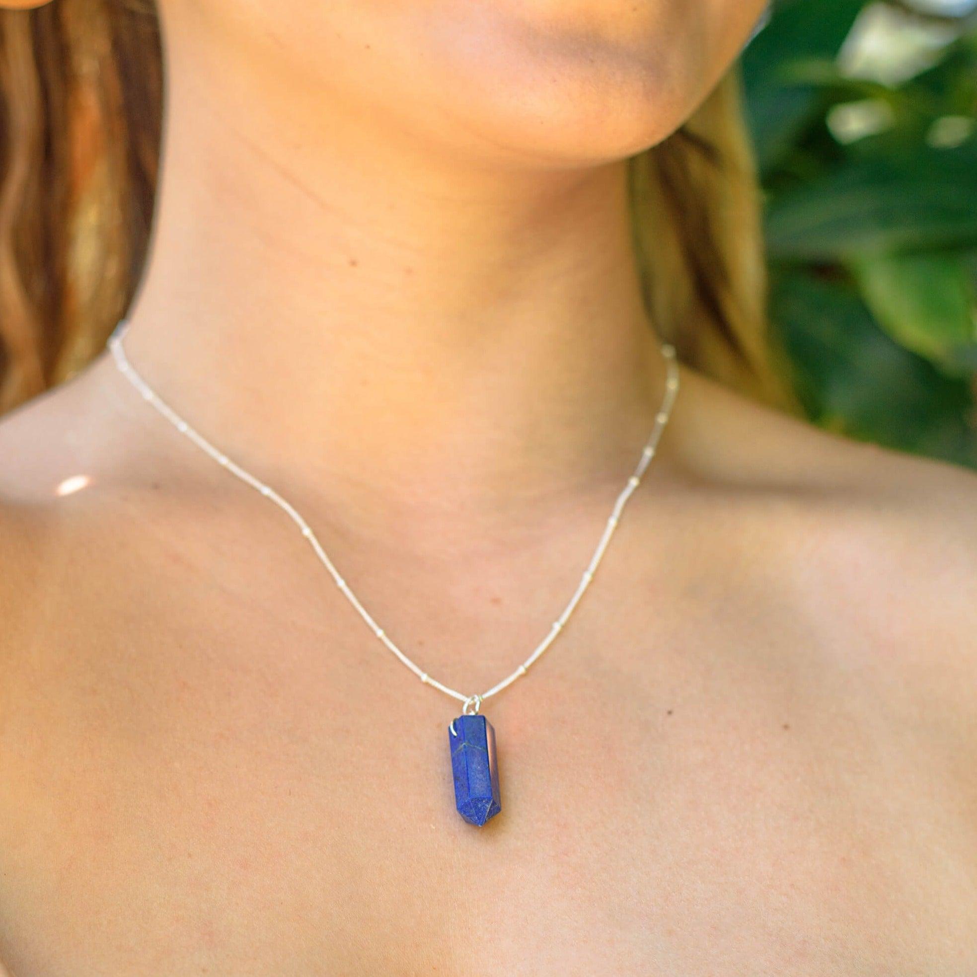 Lapis Lazuli Crystal Generator Point Pendant Necklace - Lapis Lazuli Crystal Generator Point Pendant Necklace - Sterling Silver / Cable - Luna Tide Handmade Crystal Jewellery