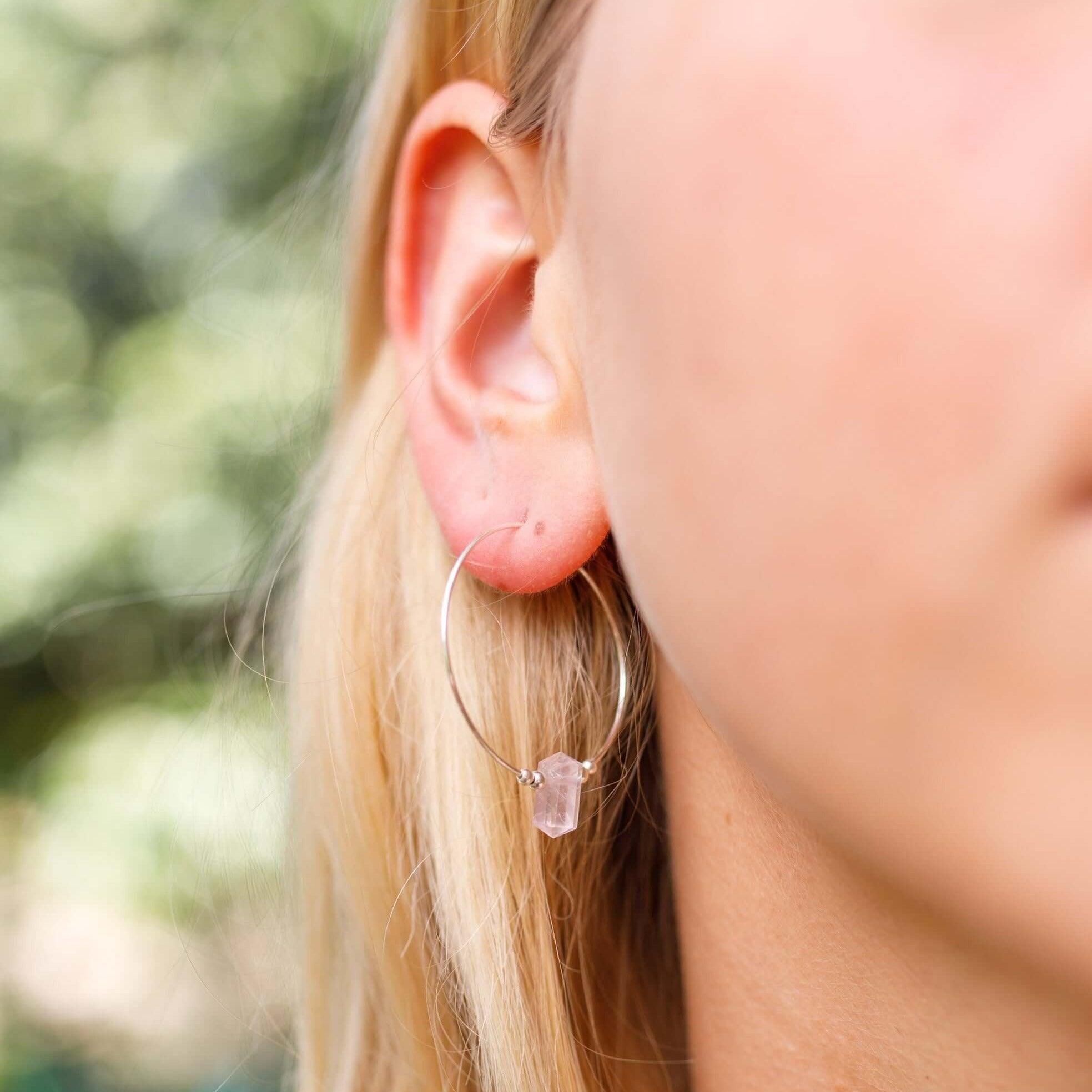 Large Hoop Rose Quartz Double Terminated Crystal Point Earrings - Large Hoop Rose Quartz Double Terminated Crystal Point Earrings - 14k Gold Fill - Luna Tide Handmade Crystal Jewellery