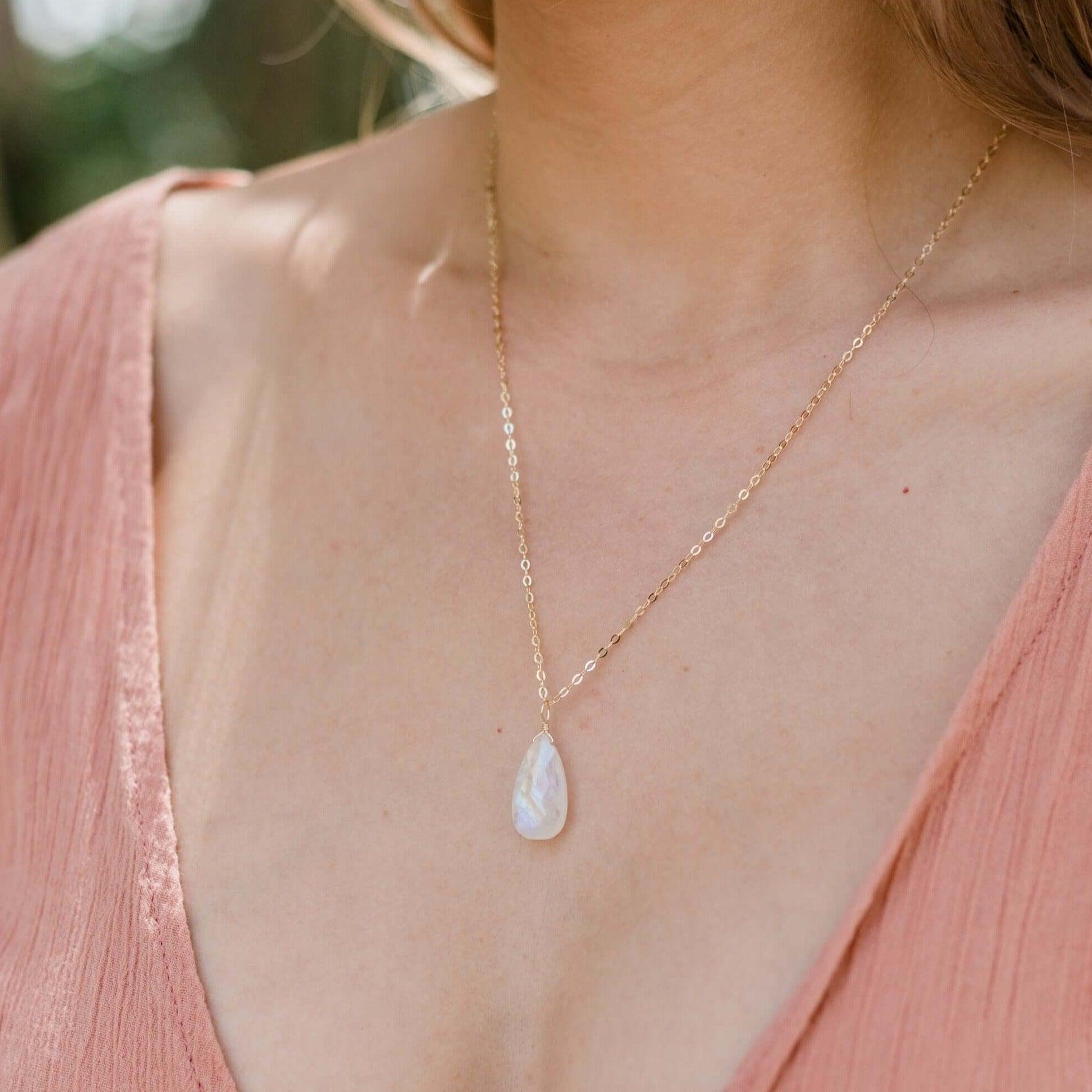 Large Rainbow Moonstone Teardrop Necklace - Large Rainbow Moonstone Teardrop Necklace - 14k Gold Fill / Cable - Luna Tide Handmade Crystal Jewellery