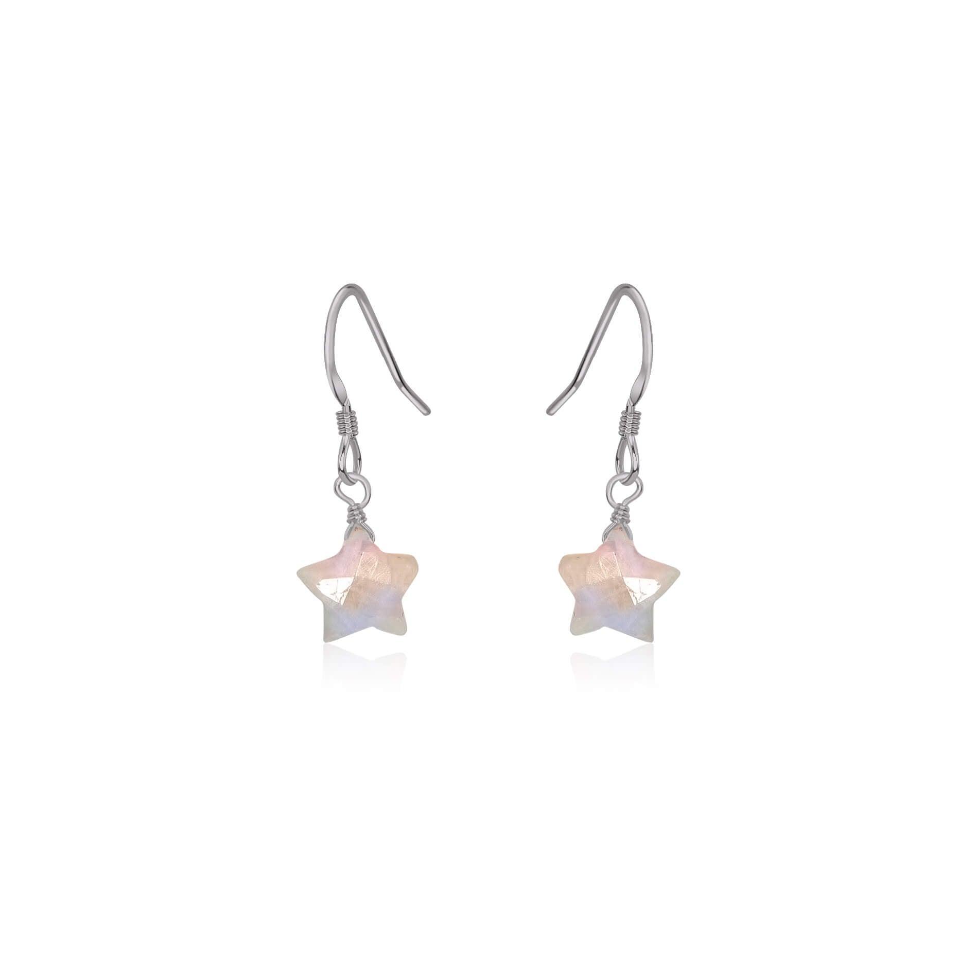 Little Rainbow Moonstone Star Dangle Drop Earrings - Little Rainbow Moonstone Star Dangle Drop Earrings - Stainless Steel - Luna Tide Handmade Crystal Jewellery