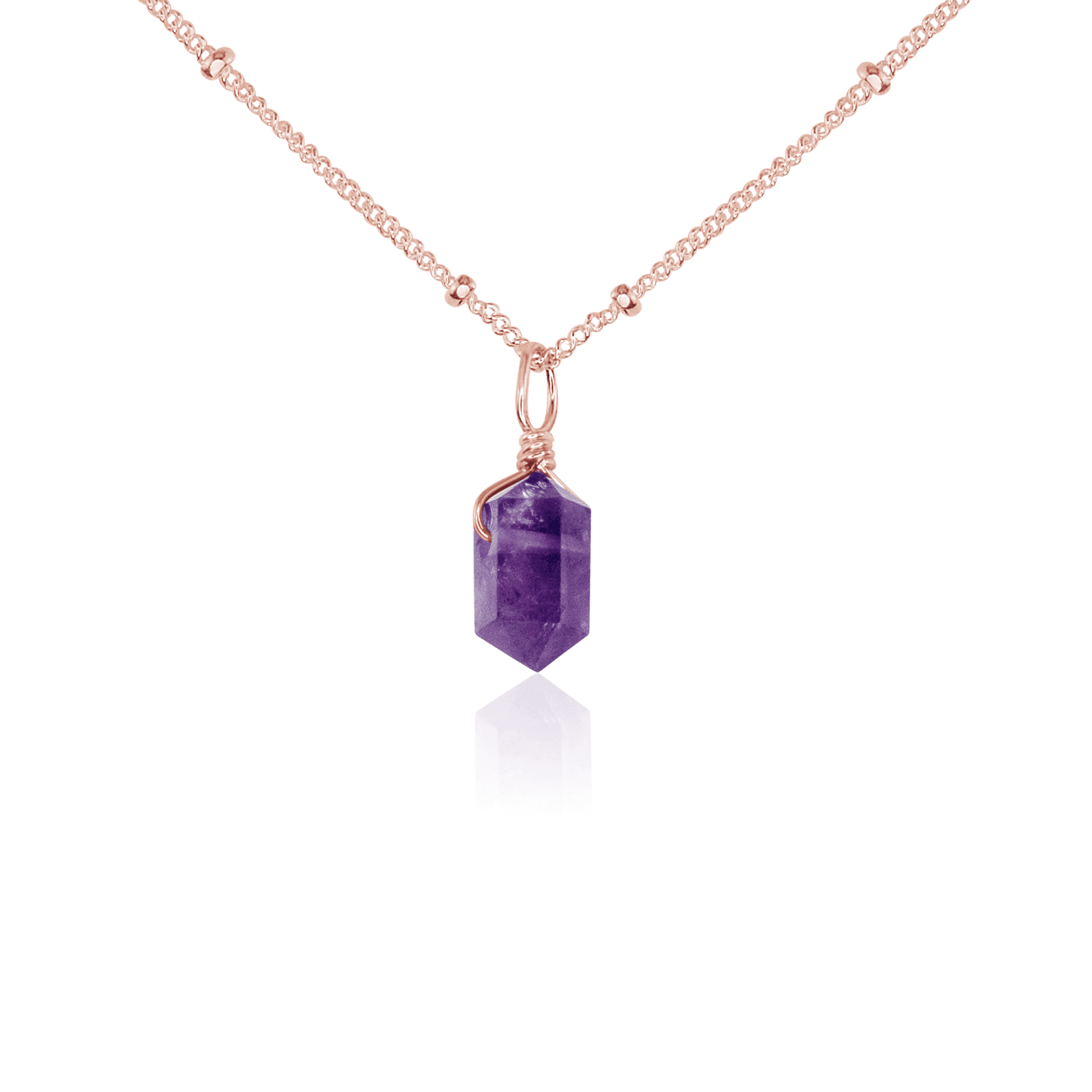 Mini Double Terminated Amethyst Crystal Point Pendant Necklace - Mini Double Terminated Amethyst Crystal Point Pendant Necklace - 14k Rose Gold Fill / Satellite - Luna Tide Handmade Crystal Jewellery