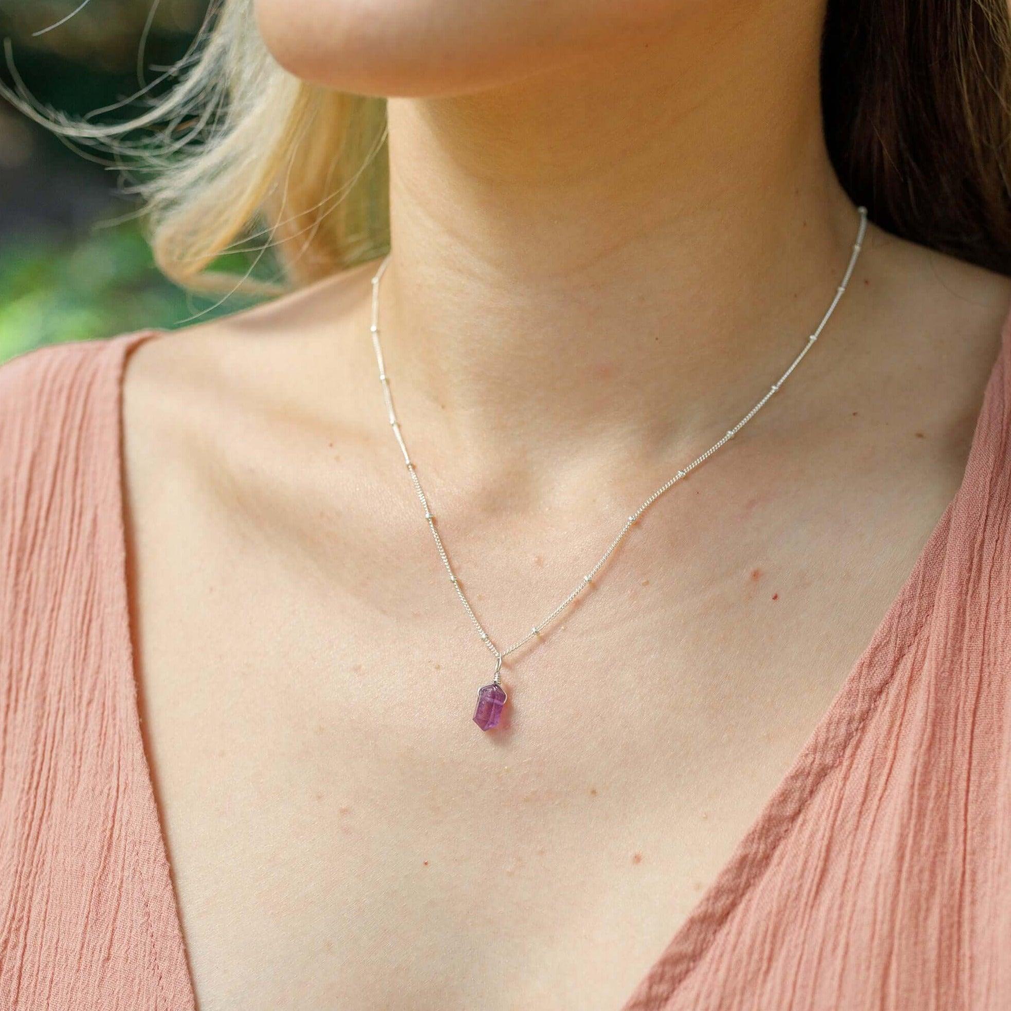 Mini Double Terminated Amethyst Crystal Point Pendant Necklace - Mini Double Terminated Amethyst Crystal Point Pendant Necklace - Sterling Silver / Satellite - Luna Tide Handmade Crystal Jewellery