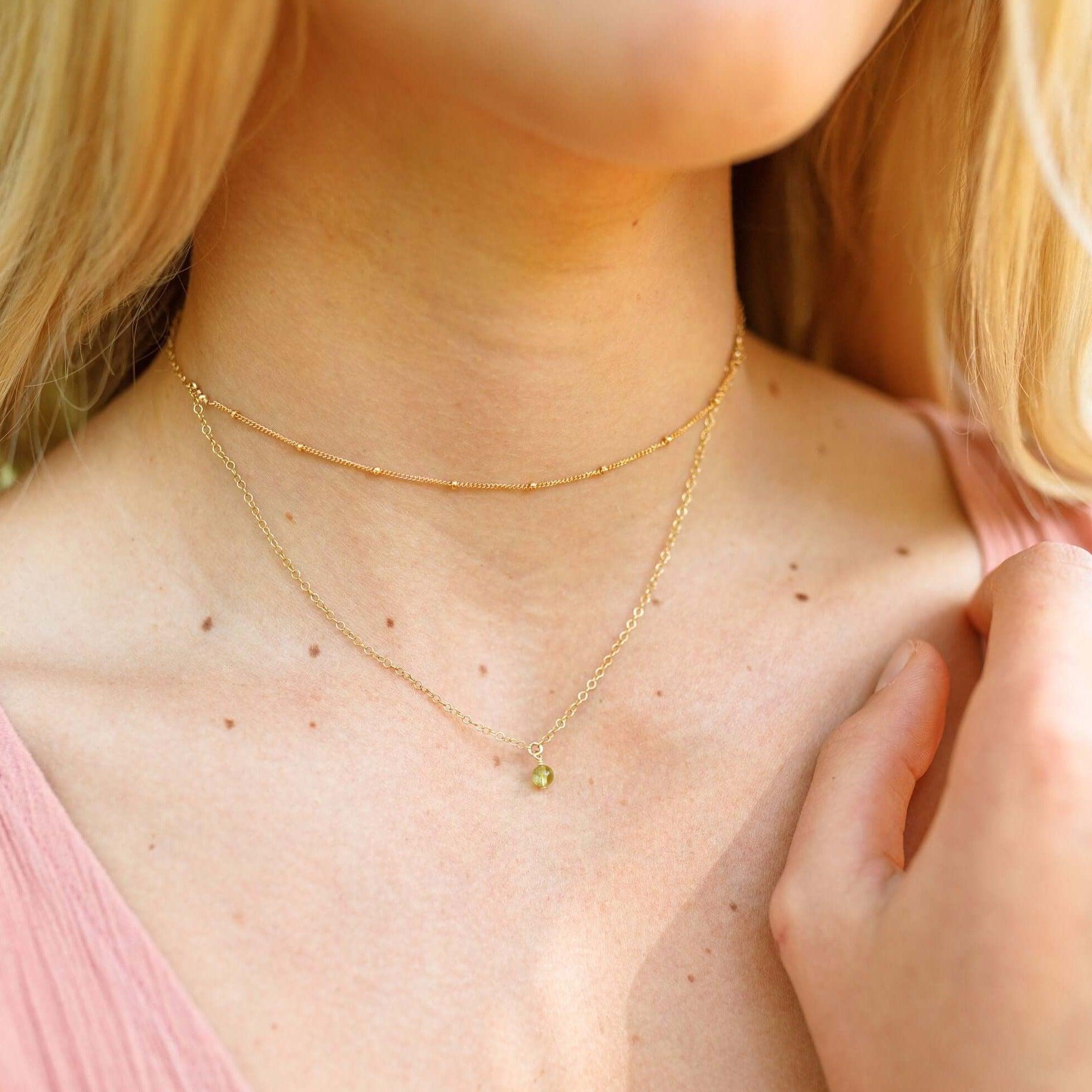 Peridot Gemstone Chain Layered Choker Necklace - Peridot Gemstone Chain Layered Choker Necklace - Sterling Silver - Luna Tide Handmade Crystal Jewellery
