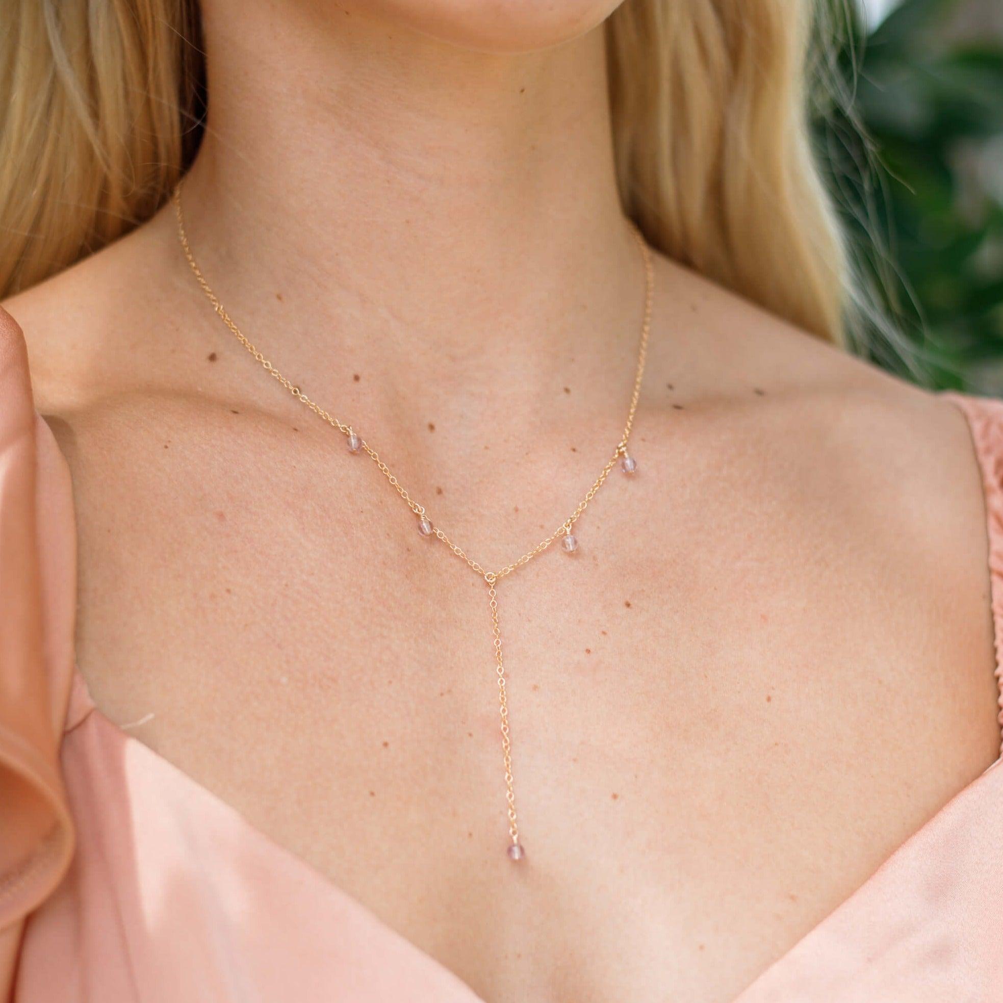 Pink Amethyst Crystal Boho Lariat Necklace - Pink Amethyst Crystal Boho Lariat Necklace - 14k Gold Fill - Luna Tide Handmade Crystal Jewellery