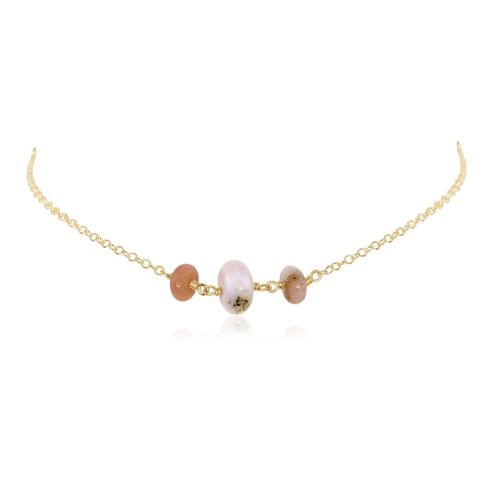 Pink Peruvian Opal Beaded Chain Choker Necklace - Pink Peruvian Opal Beaded Chain Choker Necklace - 14k Gold Fill - Luna Tide Handmade Crystal Jewellery