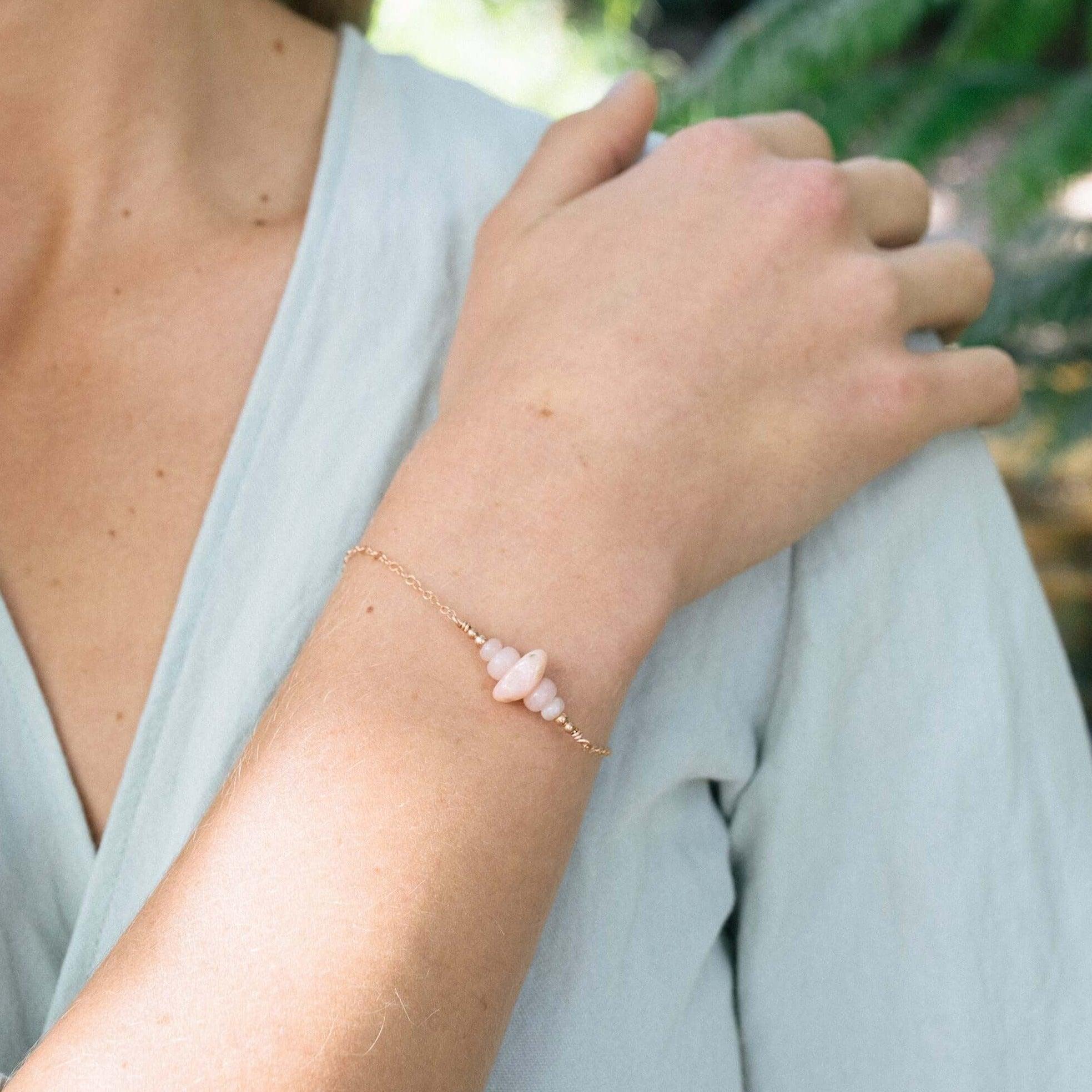 Pink Peruvian opal Chip Bead Bar Bracelet - Pink Peruvian opal Chip Bead Bar Bracelet - 14k Gold Fill - Luna Tide Handmade Crystal Jewellery