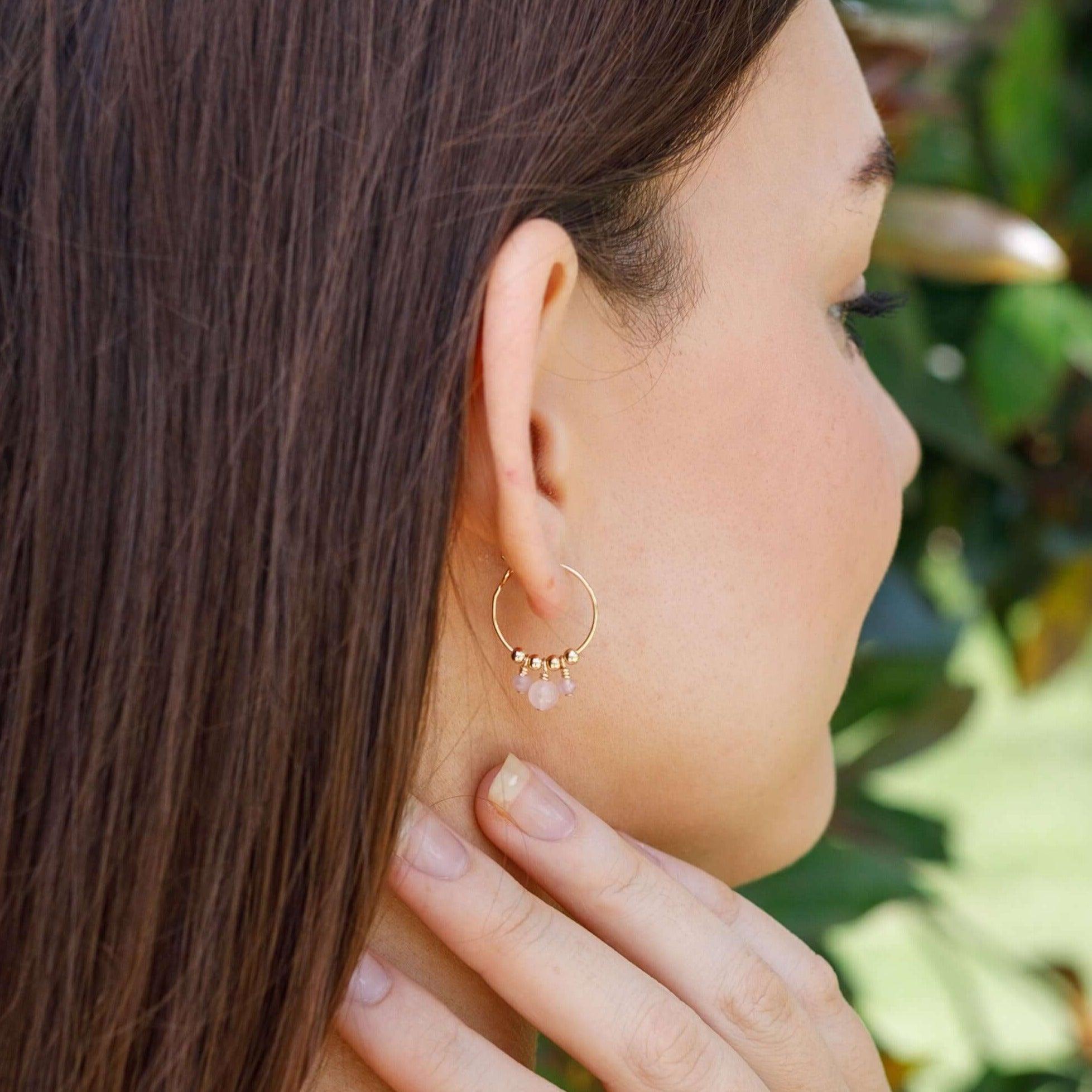 Pink Rose Quartz Gemstone Bead Drop Hoop Earrings - Pink Rose Quartz Gemstone Bead Drop Hoop Earrings - 14k Gold Fill - Luna Tide Handmade Crystal Jewellery