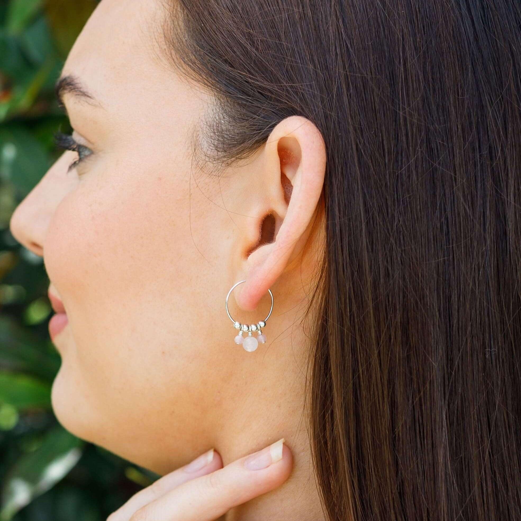 Pink Rose Quartz Gemstone Bead Drop Hoop Earrings - Pink Rose Quartz Gemstone Bead Drop Hoop Earrings - 14k Gold Fill - Luna Tide Handmade Crystal Jewellery