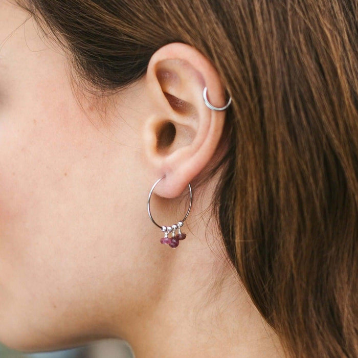 Pink Tourmaline Gemstone Bead Drop Hoop Earrings - Pink Tourmaline Gemstone Bead Drop Hoop Earrings - Sterling Silver - Luna Tide Handmade Crystal Jewellery