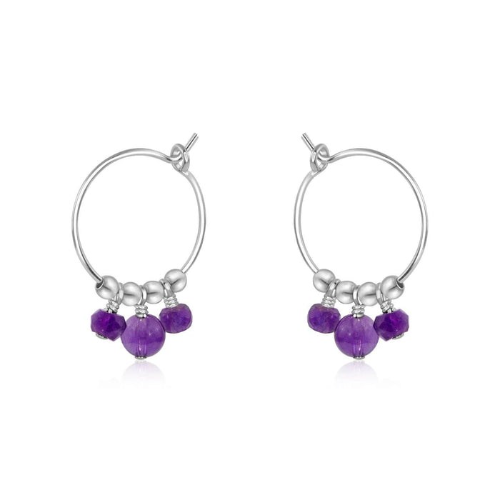Purple Amethyst Gemstone Bead Drop Hoop Earrings - Purple Amethyst Gemstone Bead Drop Hoop Earrings - Sterling Silver - Luna Tide Handmade Crystal Jewellery