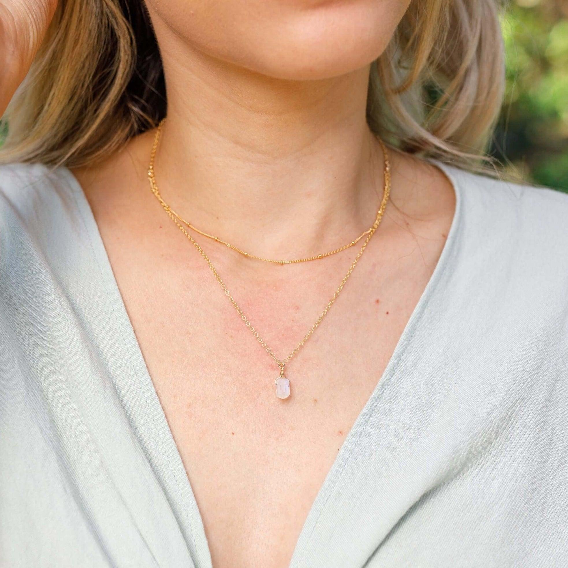 Rainbow Moonstone Double Terminated Crystal Chain Layered Choker Necklace - Rainbow Moonstone Double Terminated Crystal Chain Layered Choker Necklace - Sterling Silver - Luna Tide Handmade Crystal Jewellery