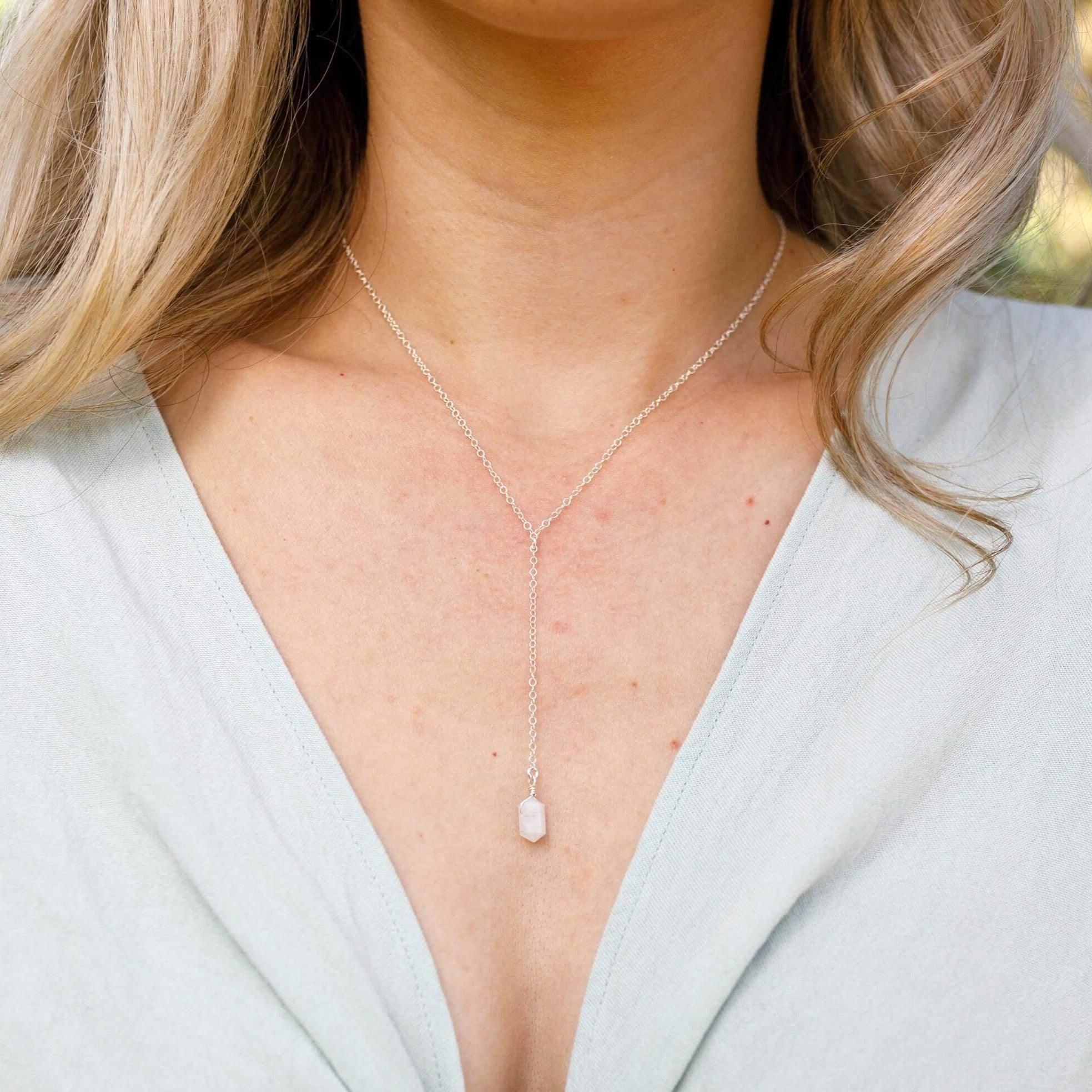 Rainbow Moonstone Double Terminated Mini Crystal Point Lariat Necklace - Rainbow Moonstone Double Terminated Mini Crystal Point Lariat Necklace - 14k Gold Fill - Luna Tide Handmade Crystal Jewellery