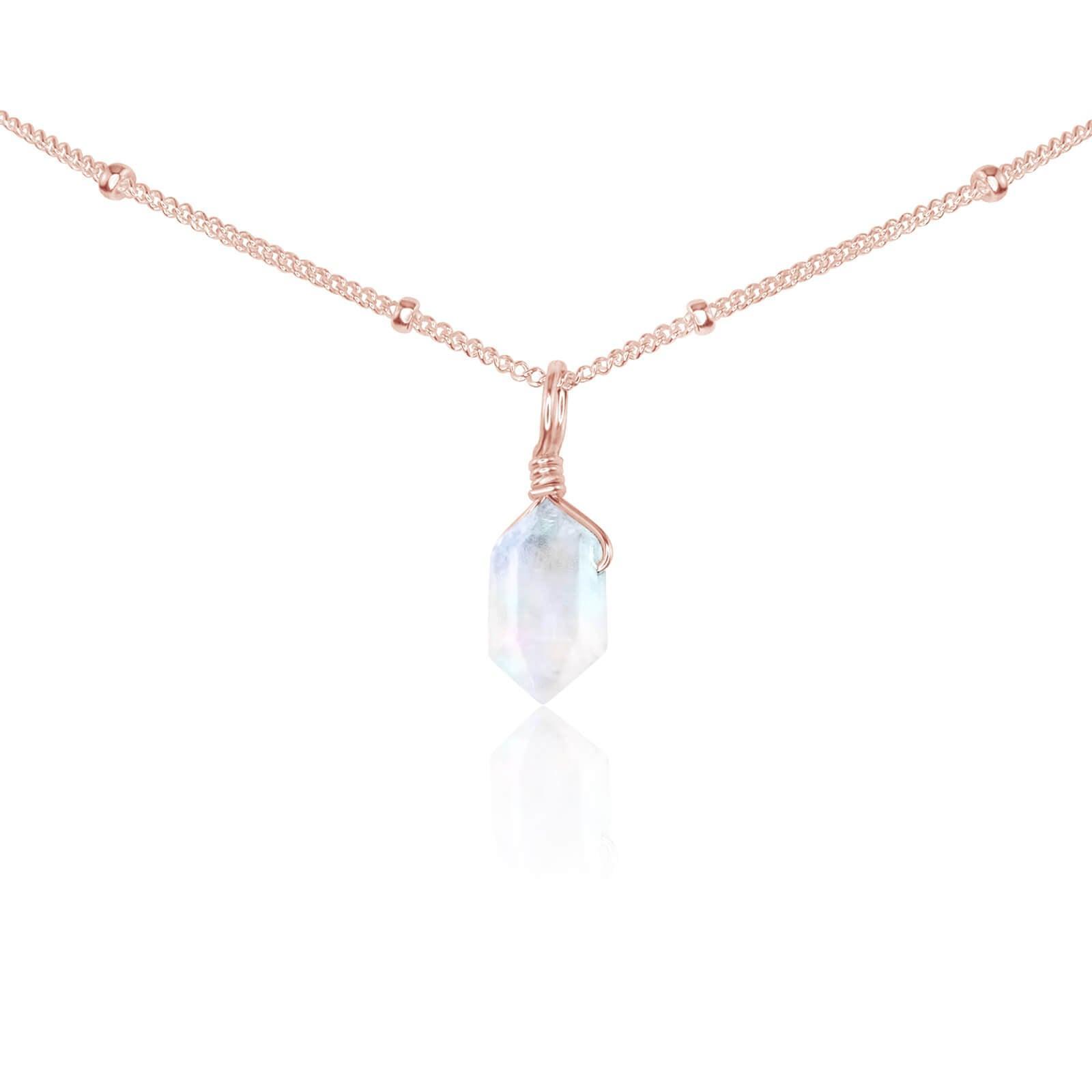 Rainbow Moonstone Mini Double Terminated Crystal Point Pendant Choker Necklace - Rainbow Moonstone Mini Double Terminated Crystal Point Pendant Choker Necklace - 14k Rose Gold Fill / Satellite - Luna Tide Handmade Crystal Jewellery