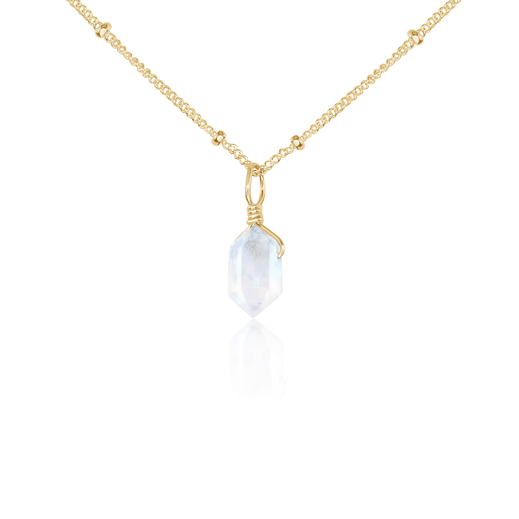 Rainbow Moonstone Mini Double Terminated Crystal Point Pendant Necklace - Rainbow Moonstone Mini Double Terminated Crystal Point Pendant Necklace - 14k Gold Fill / Satellite - Luna Tide Handmade Crystal Jewellery