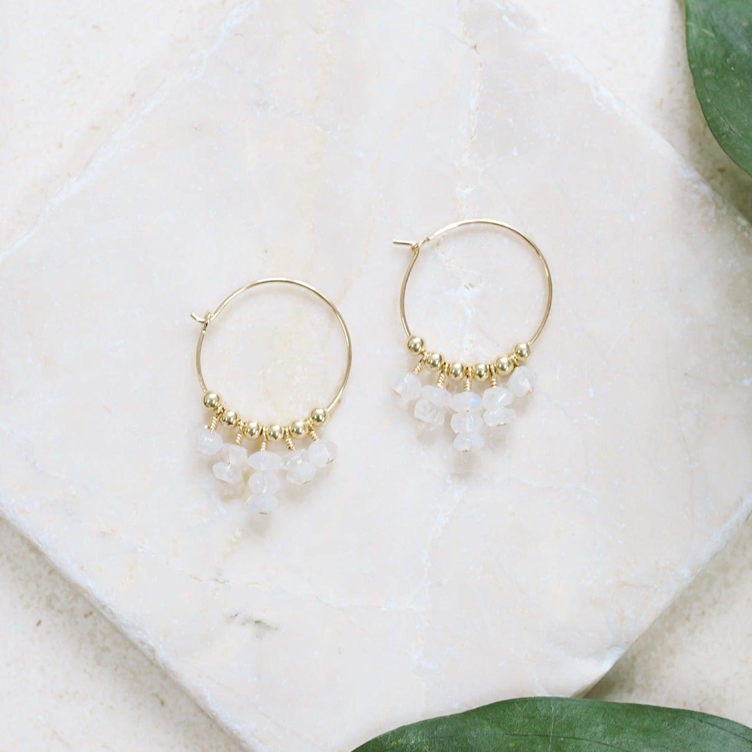 Rainbow Moonstone Statement Hoop Earrings - Rainbow Moonstone Statement Hoop Earrings - 14k Gold Fill - Luna Tide Handmade Crystal Jewellery