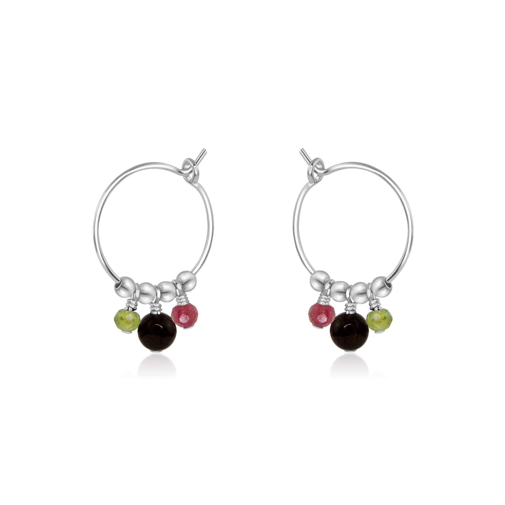 Rainbow Tourmaline Gemstone Bead Drop Hoop Earrings - Rainbow Tourmaline Gemstone Bead Drop Hoop Earrings - Sterling Silver - Luna Tide Handmade Crystal Jewellery