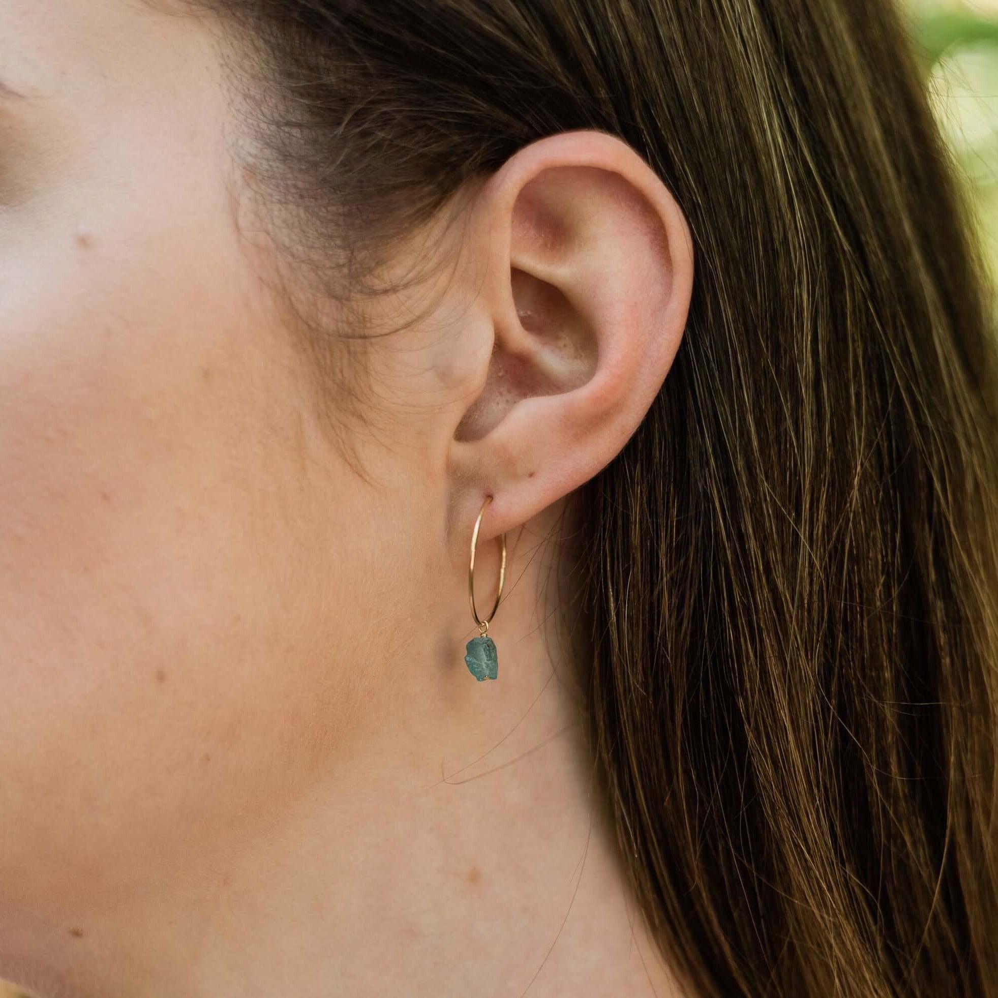 Raw Apatite Gemstone Dangle Hoop Earrings - Raw Apatite Gemstone Dangle Hoop Earrings - Sterling Silver - Luna Tide Handmade Crystal Jewellery